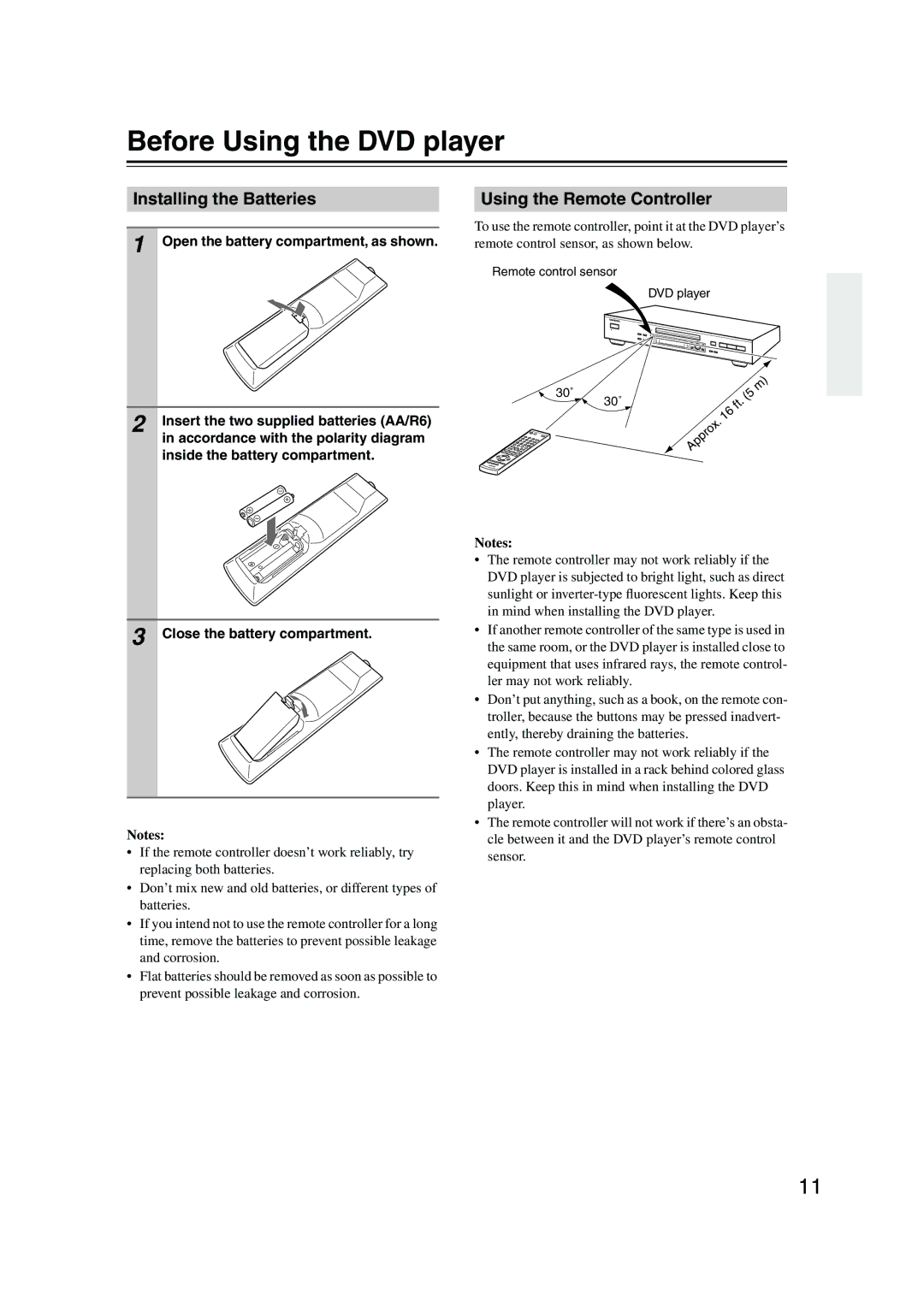 Onkyo DV-SP504E instruction manual Before Using the DVD player, Installing the Batteries, Using the Remote Controller 