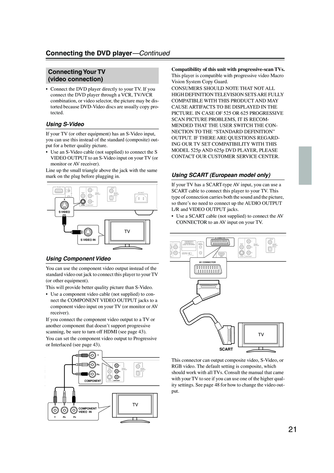 Onkyo DV-SP504E instruction manual Using S-Video, Using Scart European model only, Using Component Video 