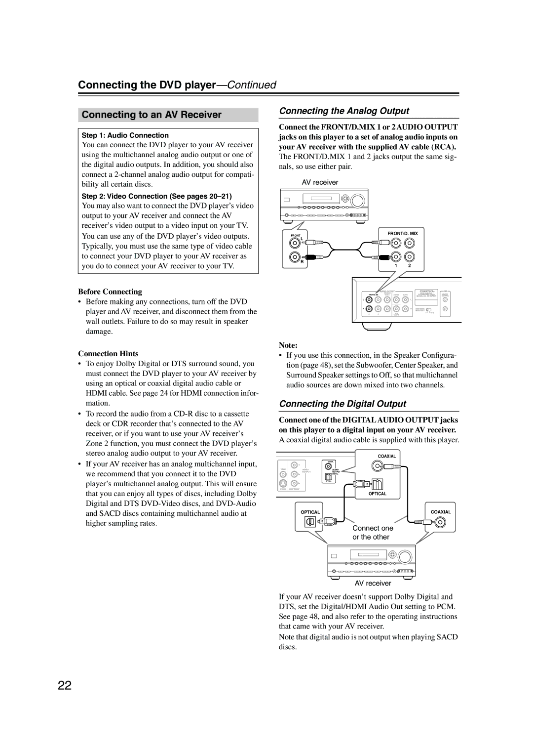 Onkyo SP504 Connecting to an AV Receiver, Connecting the Analog Output, Connecting the Digital Output, Before Connecting 