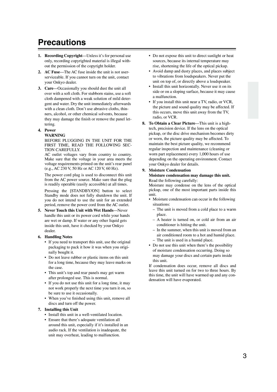 Onkyo DV-SP504E instruction manual Precautions, Power, Installing this Unit 