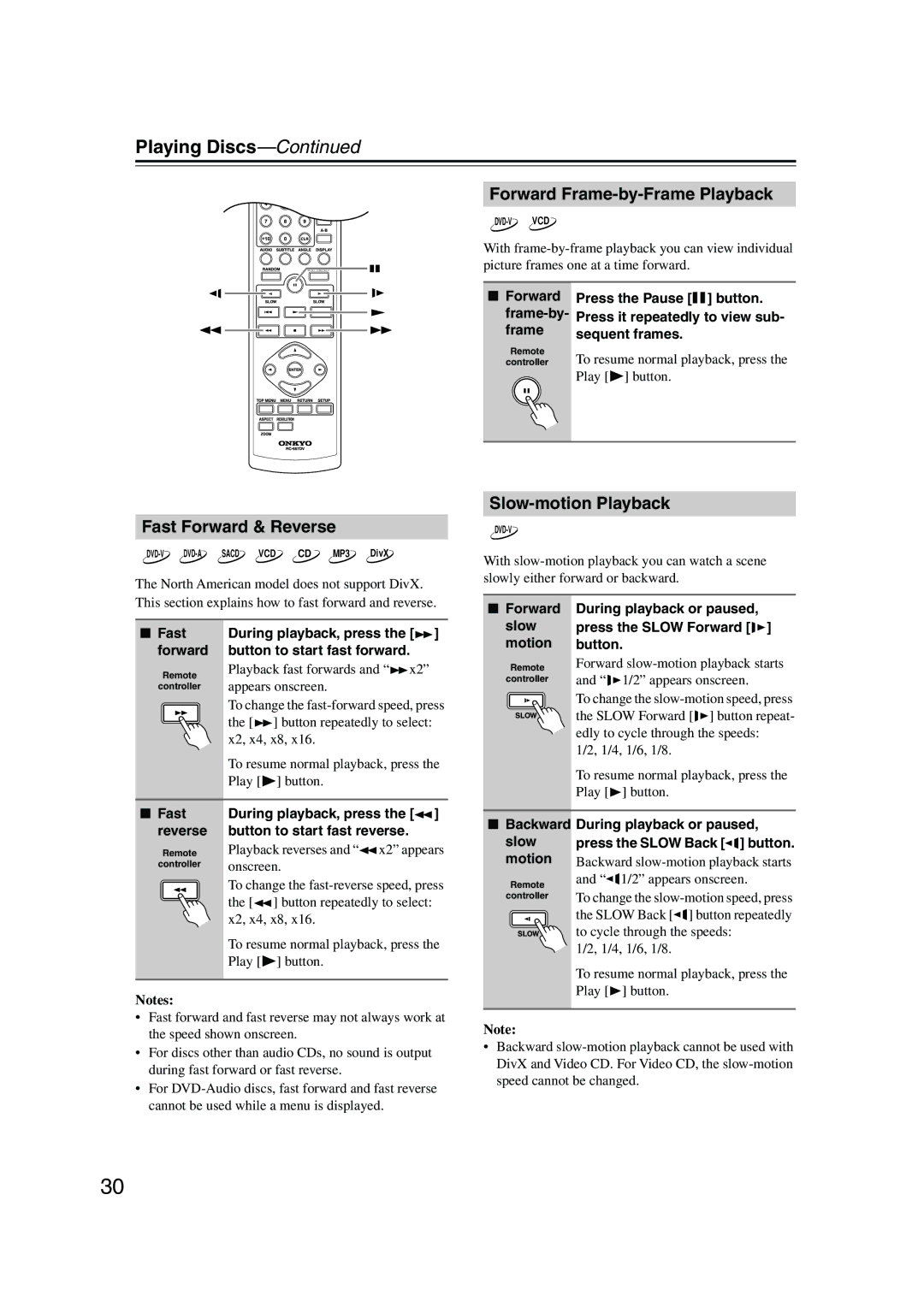 Onkyo DV-SP504E instruction manual Forward Frame-by-Frame Playback, Fast Forward & Reverse, Slow-motion Playback 