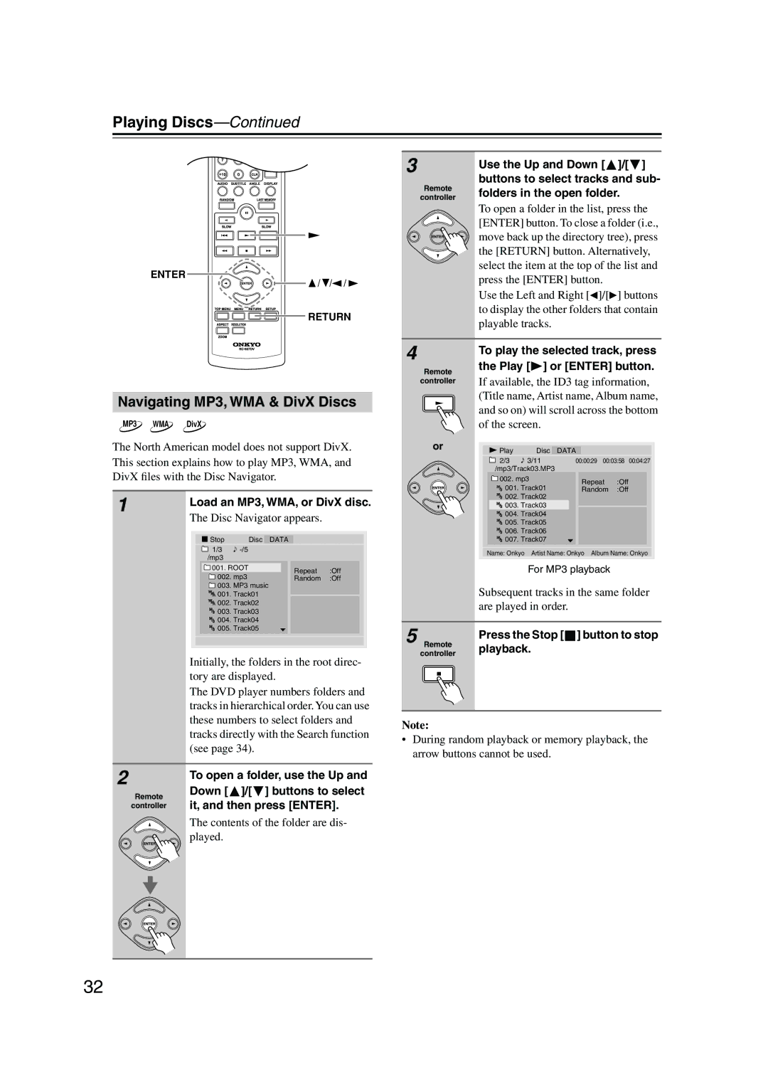 Onkyo DV-SP504E instruction manual Navigating MP3, WMA & DivX Discs 