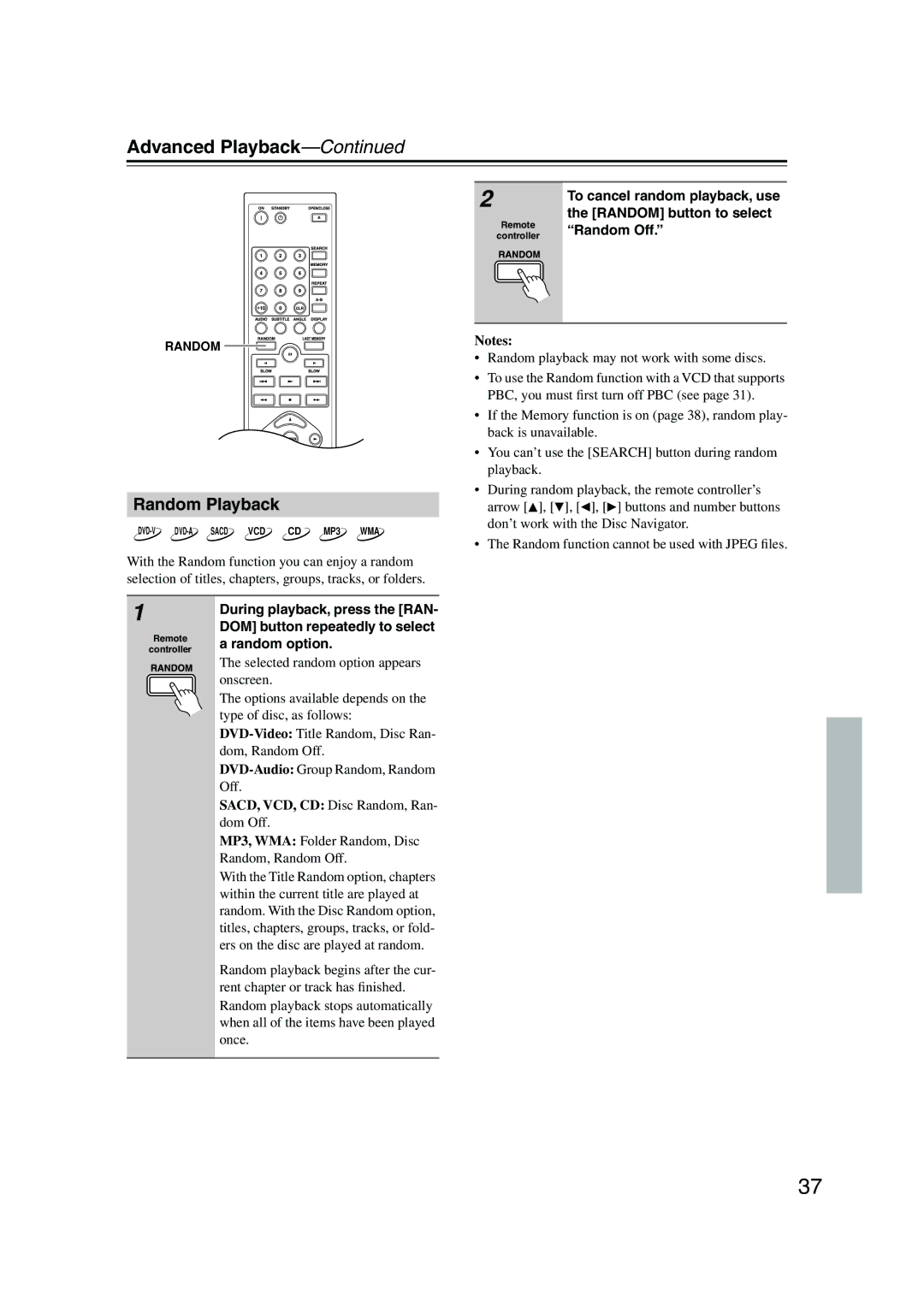 Onkyo DV-SP504E instruction manual Random Playback, To cancel random playback, use, Random button to select, Random Off 