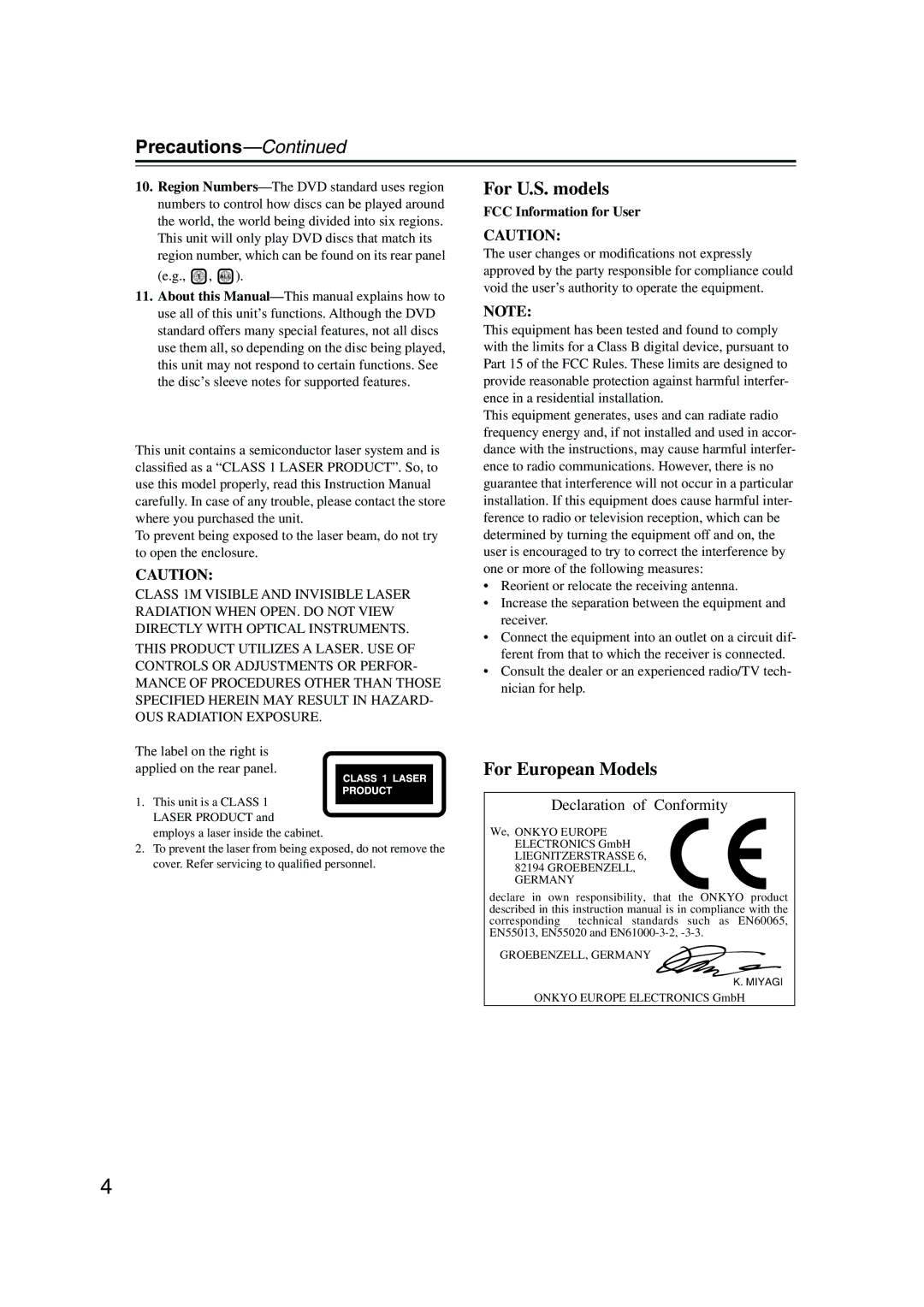 Onkyo DV-SP504E Precautions, Label on the right is applied on the rear panel, FCC Information for User 