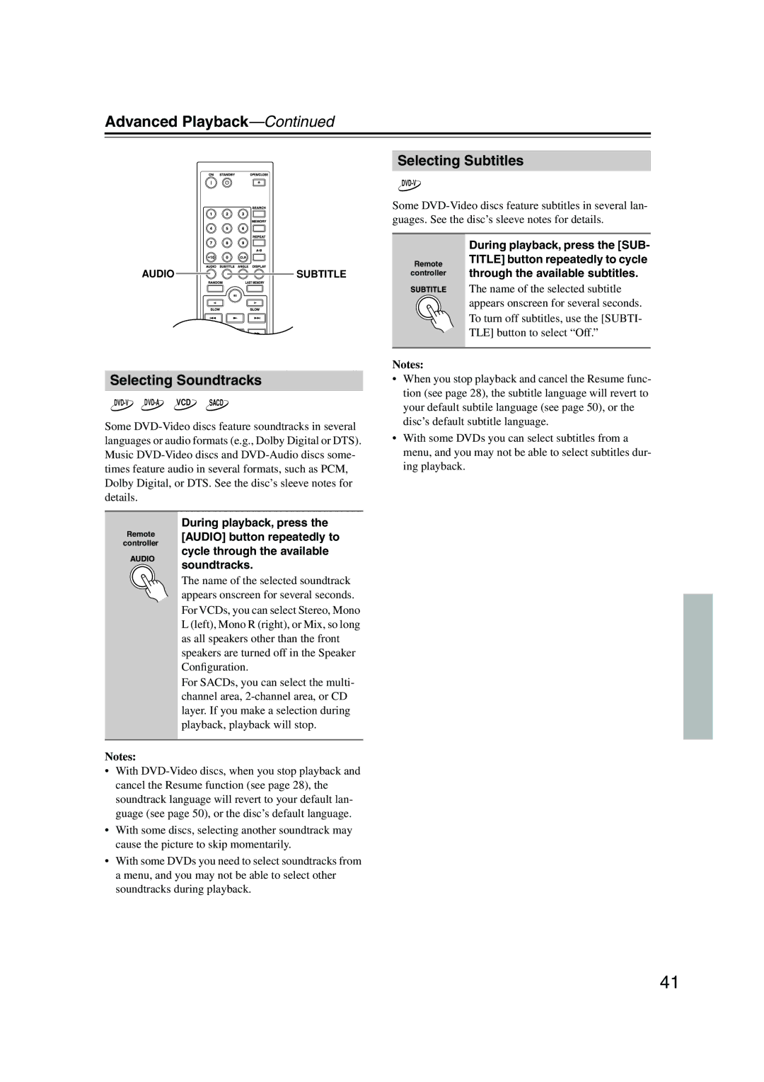 Onkyo DV-SP504E instruction manual Selecting Soundtracks, Selecting Subtitles 