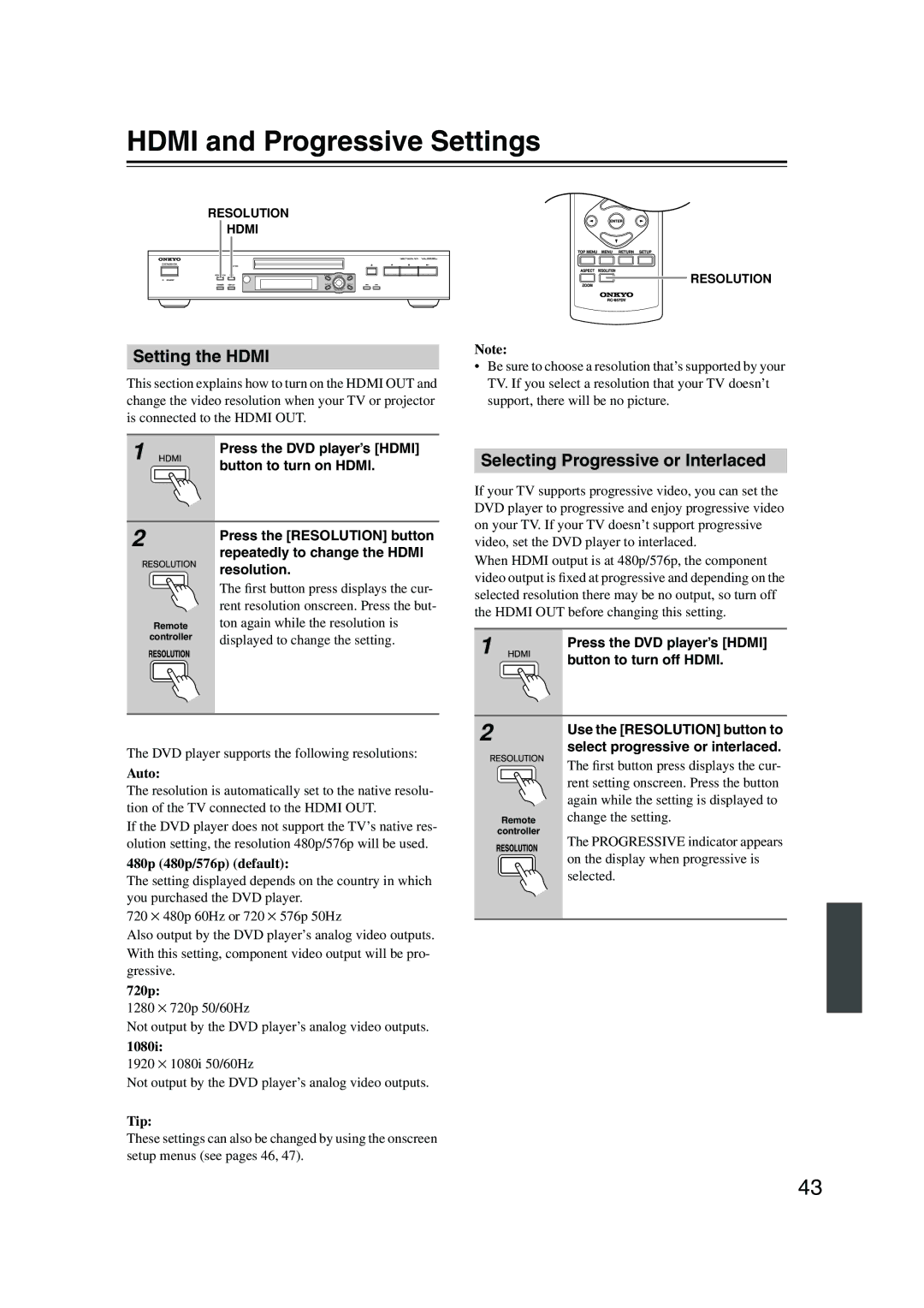 Onkyo DV-SP504E instruction manual Hdmi and Progressive Settings, Setting the Hdmi, Selecting Progressive or Interlaced 