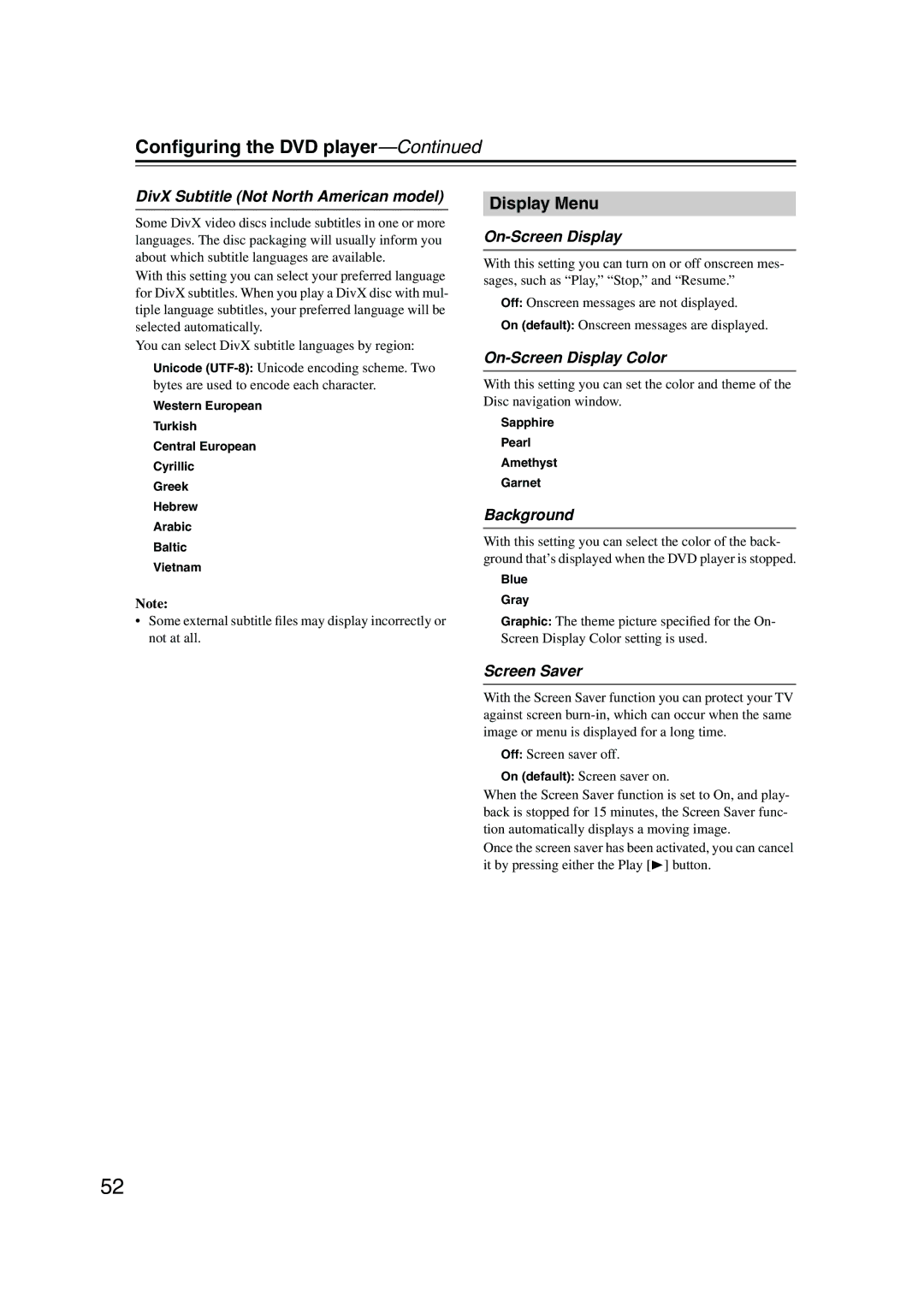 Onkyo DV-SP504E instruction manual Display Menu 