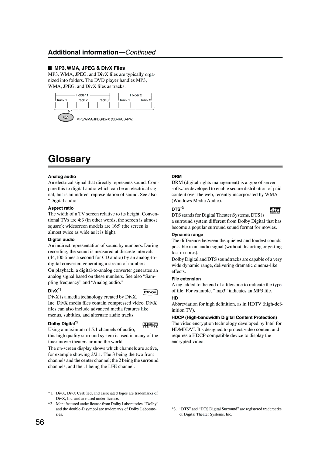 Onkyo DV-SP504E instruction manual Glossary, Additional information, MP3, WMA, Jpeg & DivX Files 