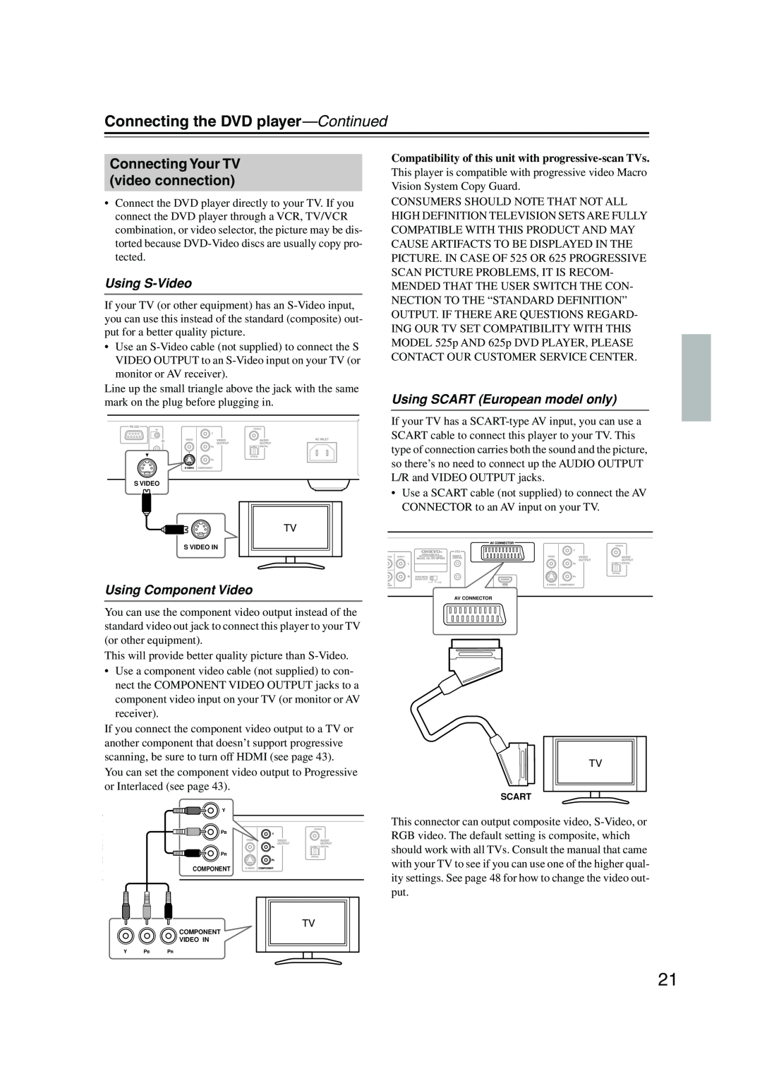 Onkyo DV-SP504E instruction manual Connecting Your TV video connection, Connecting the DVD player-Continued, Using S-Video 