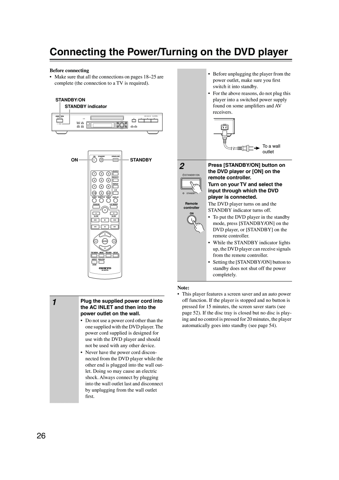 Onkyo DV-SP504E instruction manual Connecting the Power/Turning on the DVD player, Before connecting 