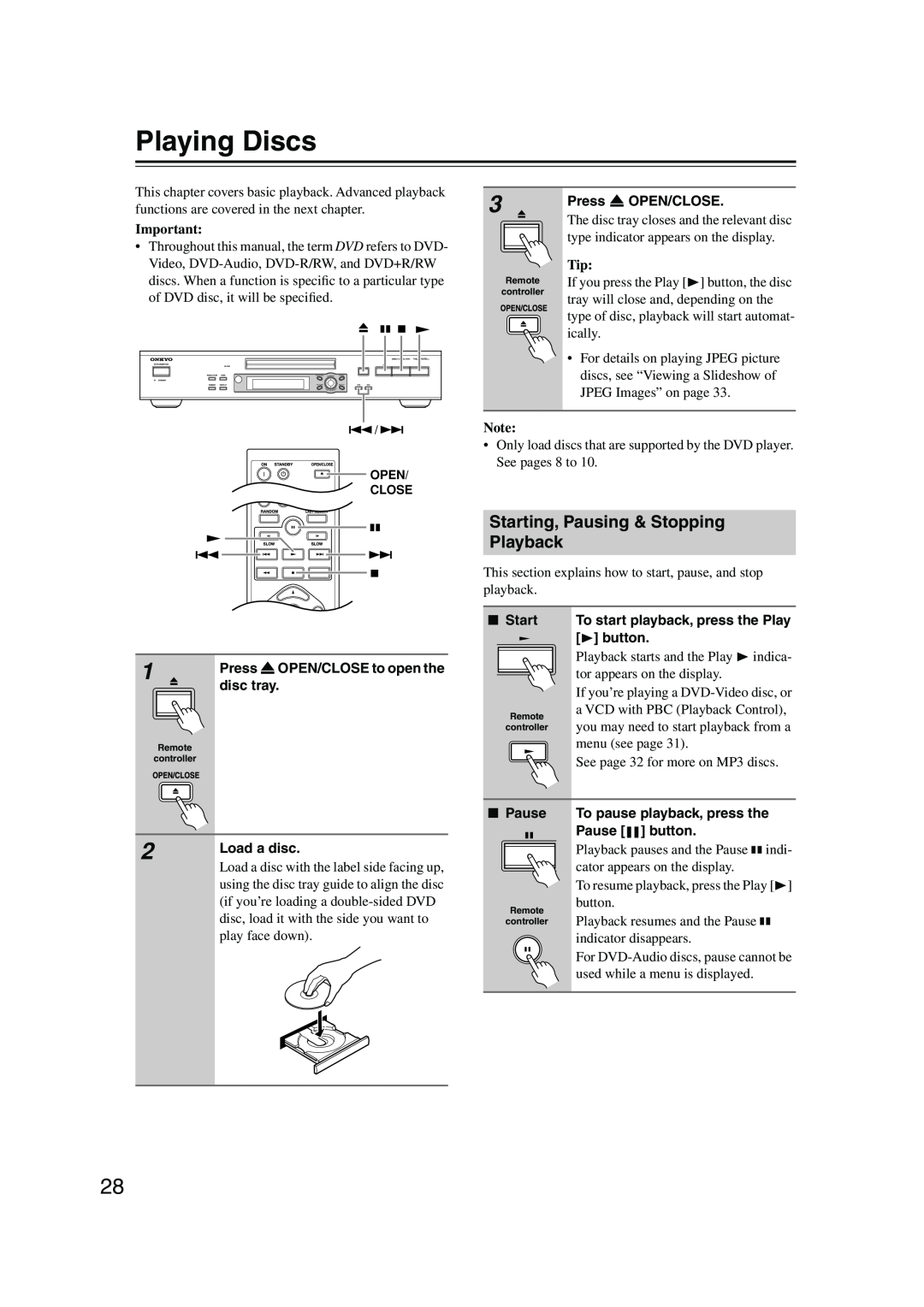 Onkyo DV-SP504E instruction manual Playing Discs, Starting, Pausing & Stopping Playback 