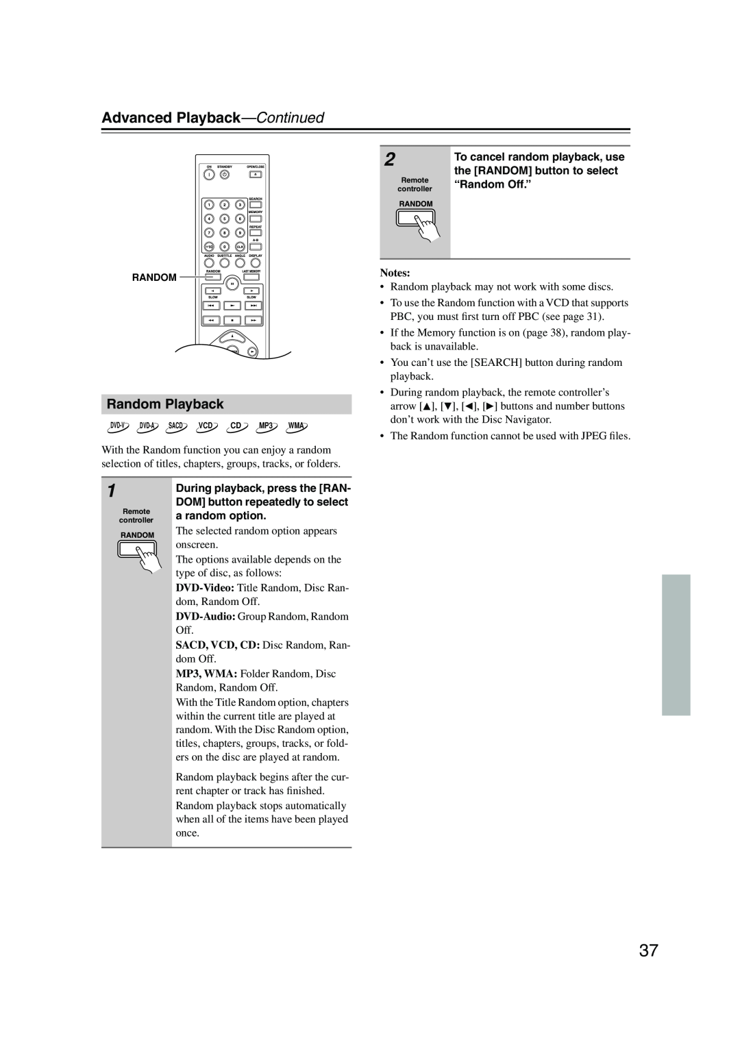 Onkyo DV-SP504E instruction manual Random Playback, Advanced Playback-Continued, SACD, VCD, CD Disc Random, Ran- dom Off 