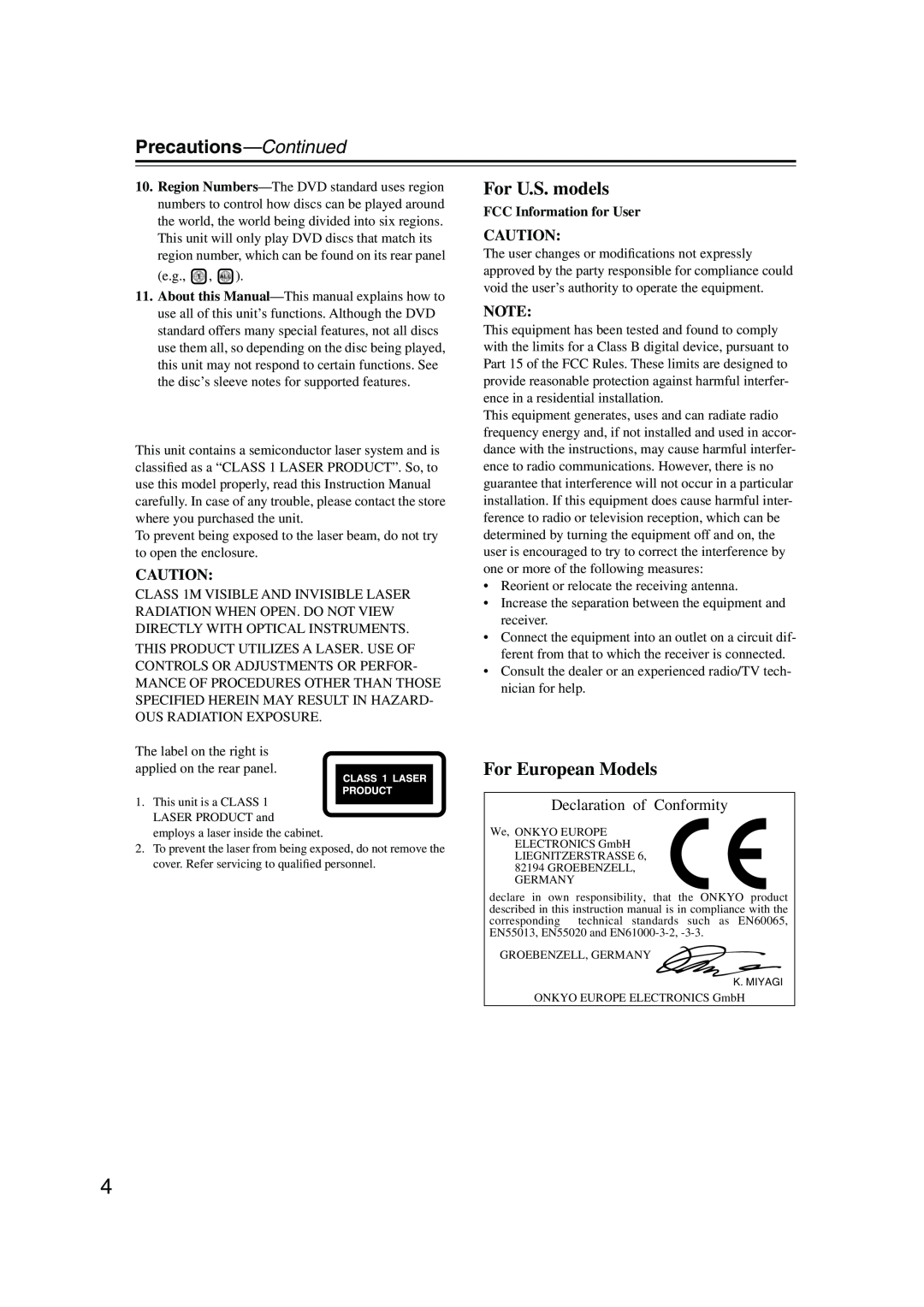 Onkyo DV-SP504E instruction manual Precautions-Continued, For U.S. models, For European Models, FCC Information for User 