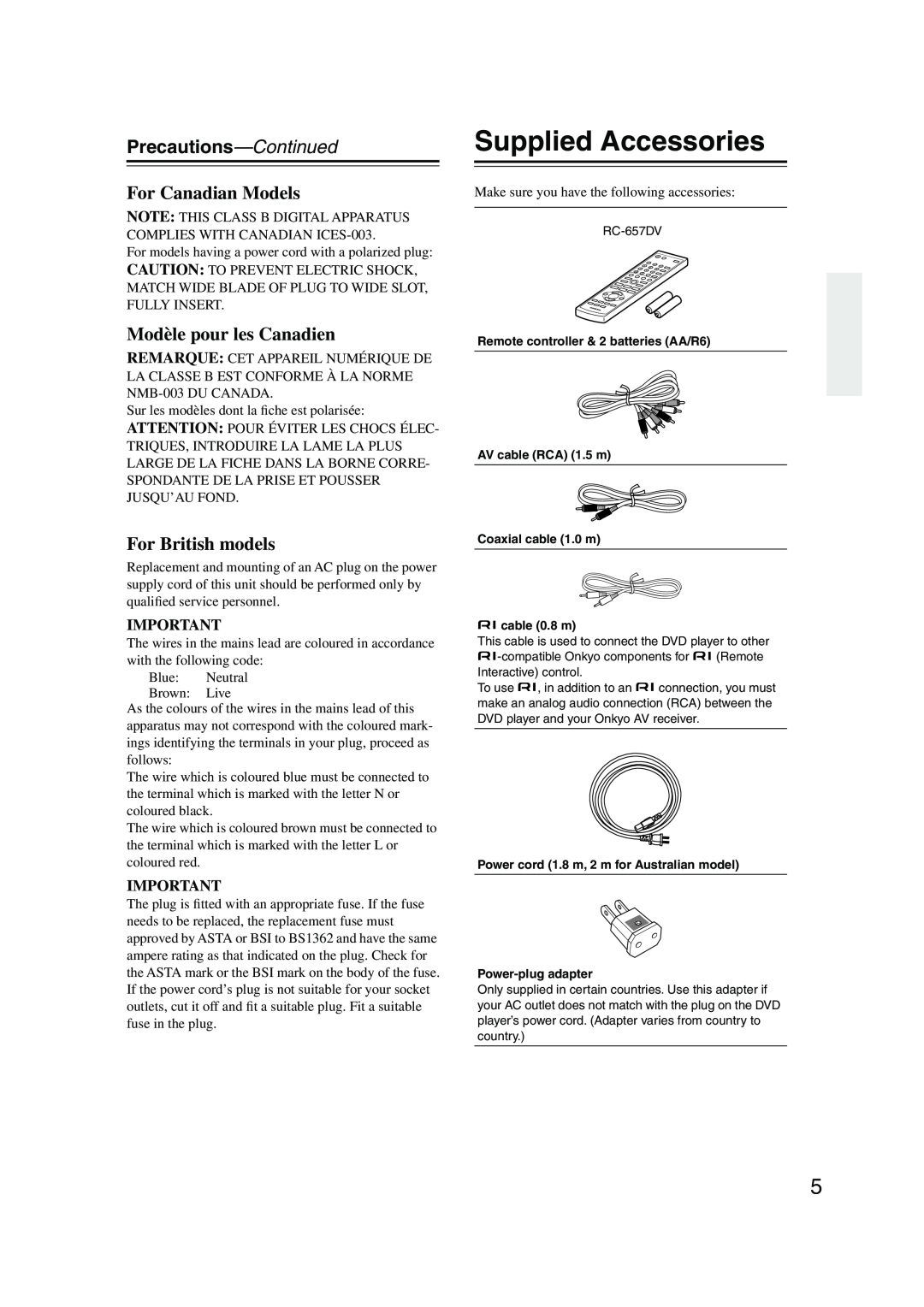 Onkyo DV-SP504E instruction manual Supplied Accessories, For Canadian Models, Modèle pour les Canadien, For British models 