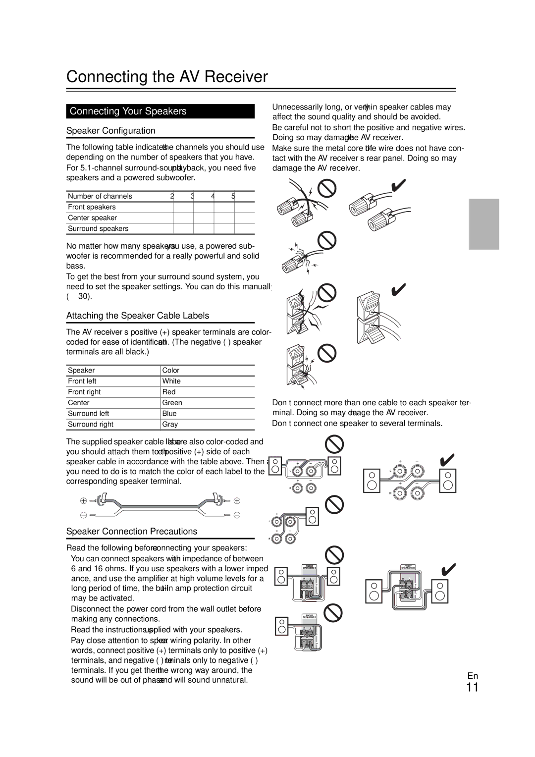 Onkyo SR308 Connecting the AV Receiver, Connecting Your Speakers, Speaker Configuration, Speaker Connection Precautions 