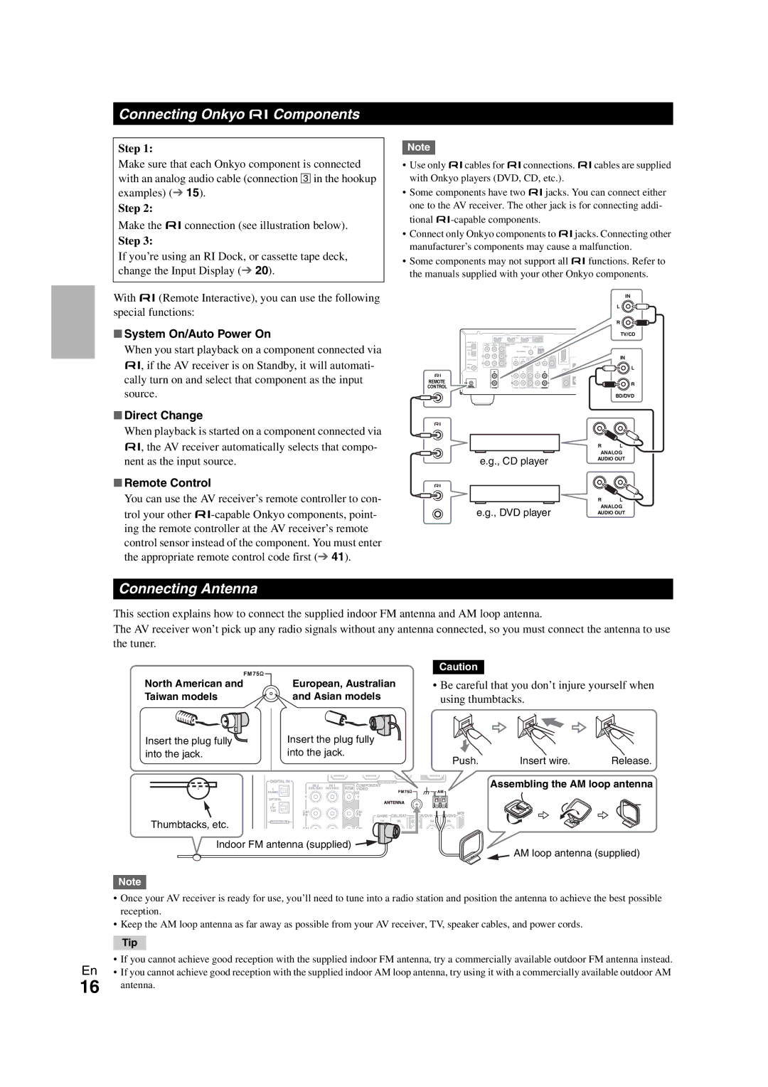 Onkyo SR308 Connecting Onkyo uComponents, Connecting Antenna, System On/Auto Power On, Direct Change, Remote Control 