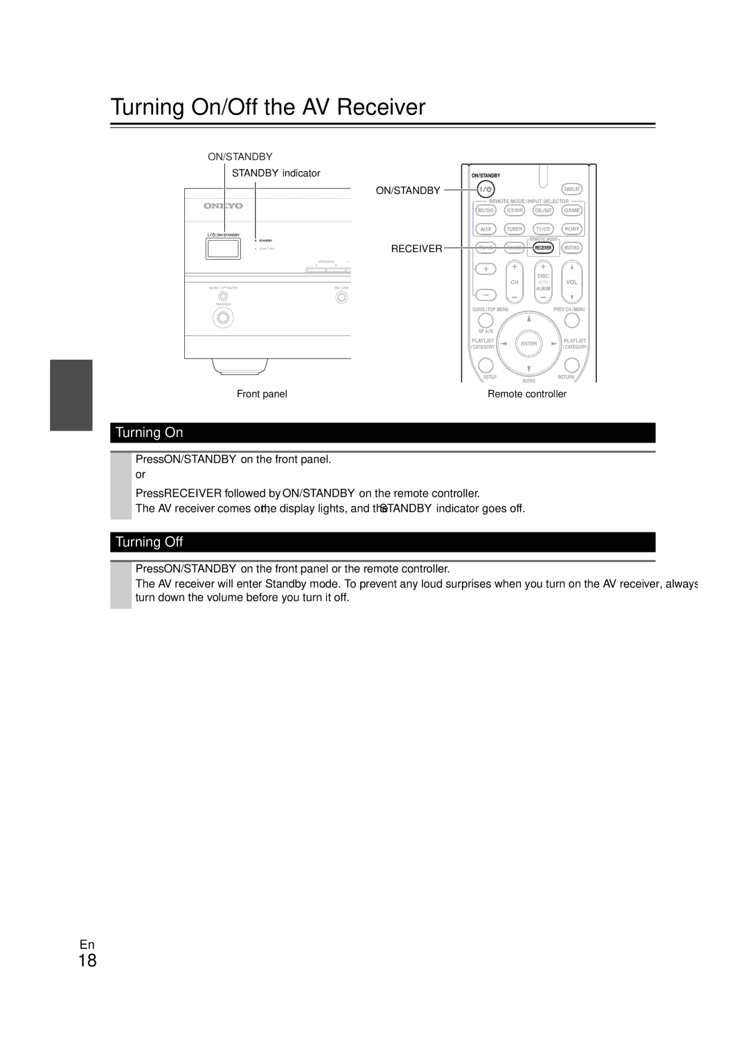 Onkyo SR308 instruction manual Turning On/Off the AV Receiver, Turning Off 