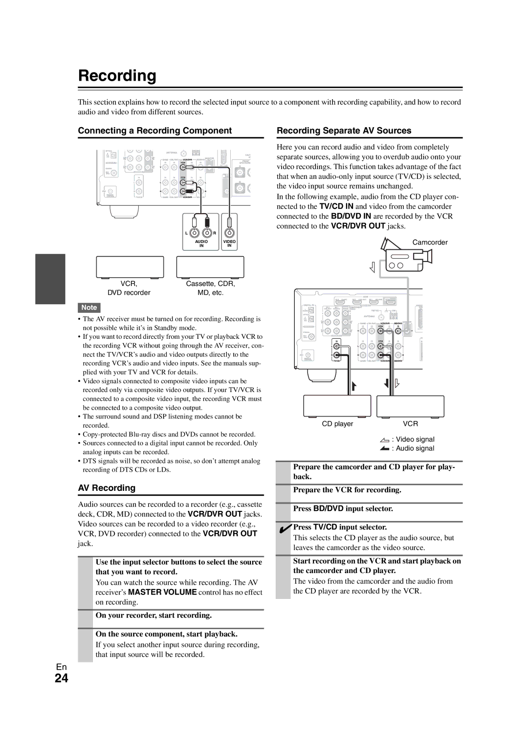 Onkyo SR308 instruction manual Connecting a Recording Component, AV Recording, Recording Separate AV Sources 