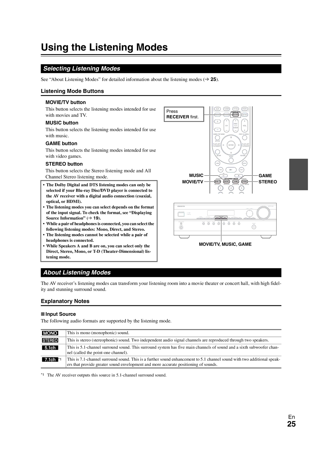 Onkyo SR308 instruction manual About Listening Modes, Explanatory Notes 