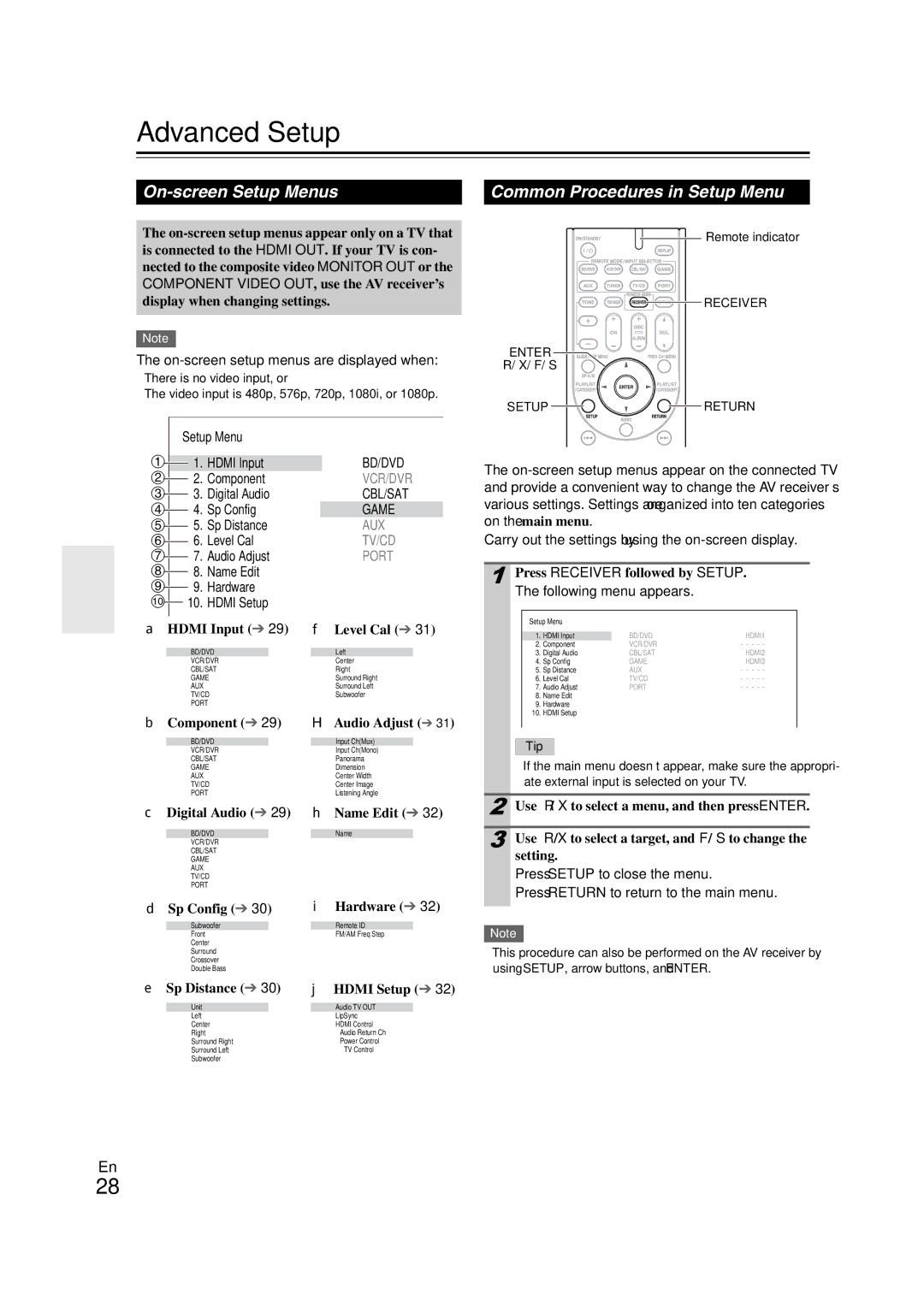 Onkyo SR308 instruction manual Advanced Setup, On-screen Setup Menus, Common Procedures in Setup Menu 