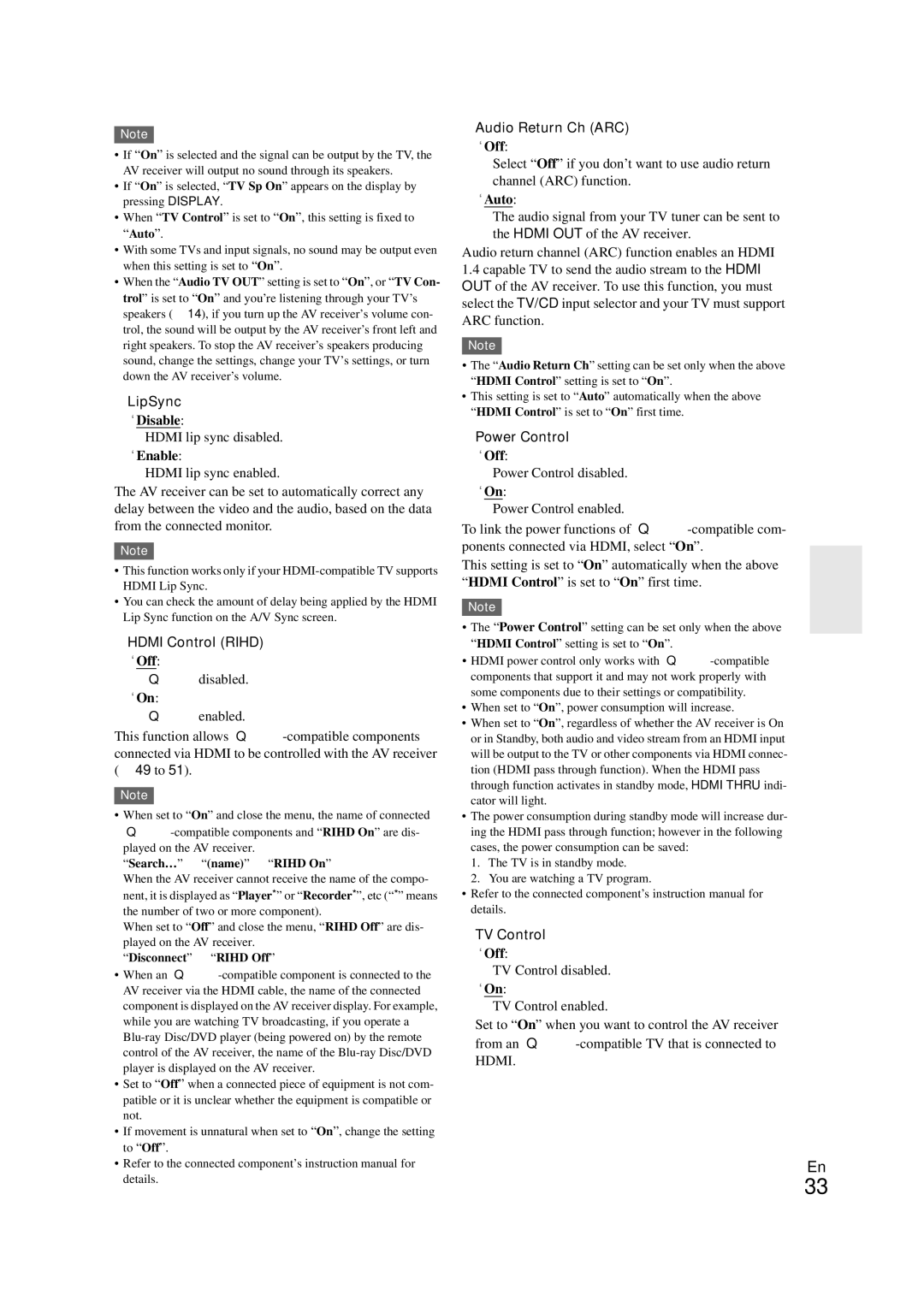 Onkyo SR308 instruction manual LipSync, Hdmi Control Rihd, Audio Return Ch ARC, Power Control, TV Control 
