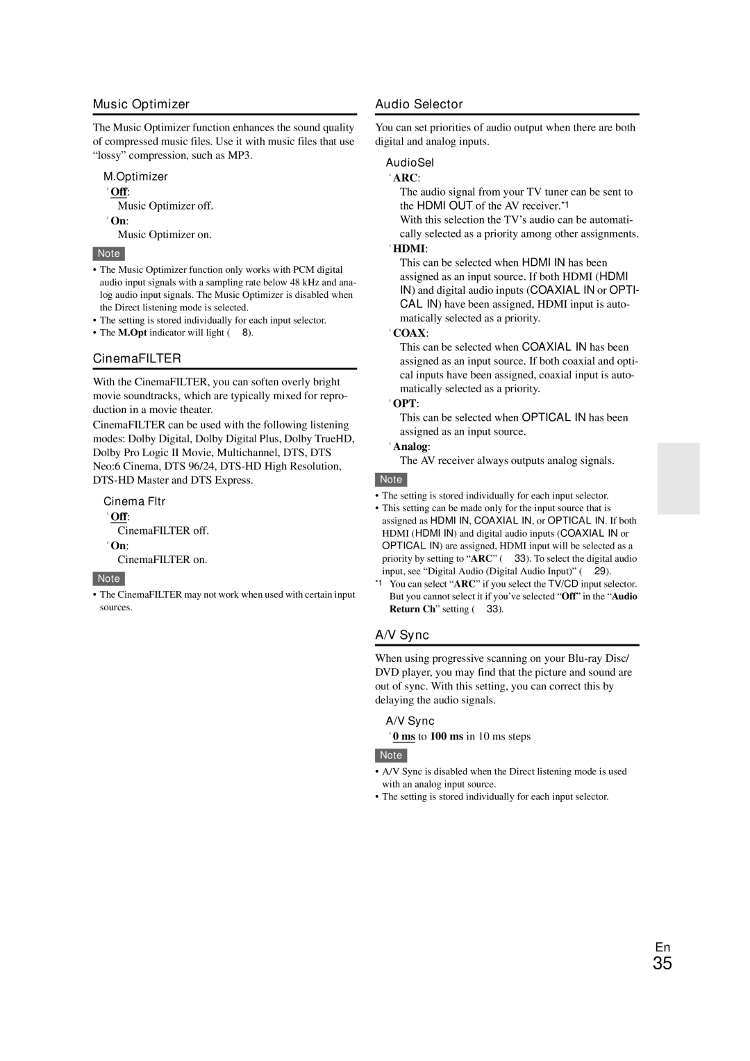 Onkyo SR308 instruction manual Music Optimizer, CinemaFILTER, Audio Selector, Sync 