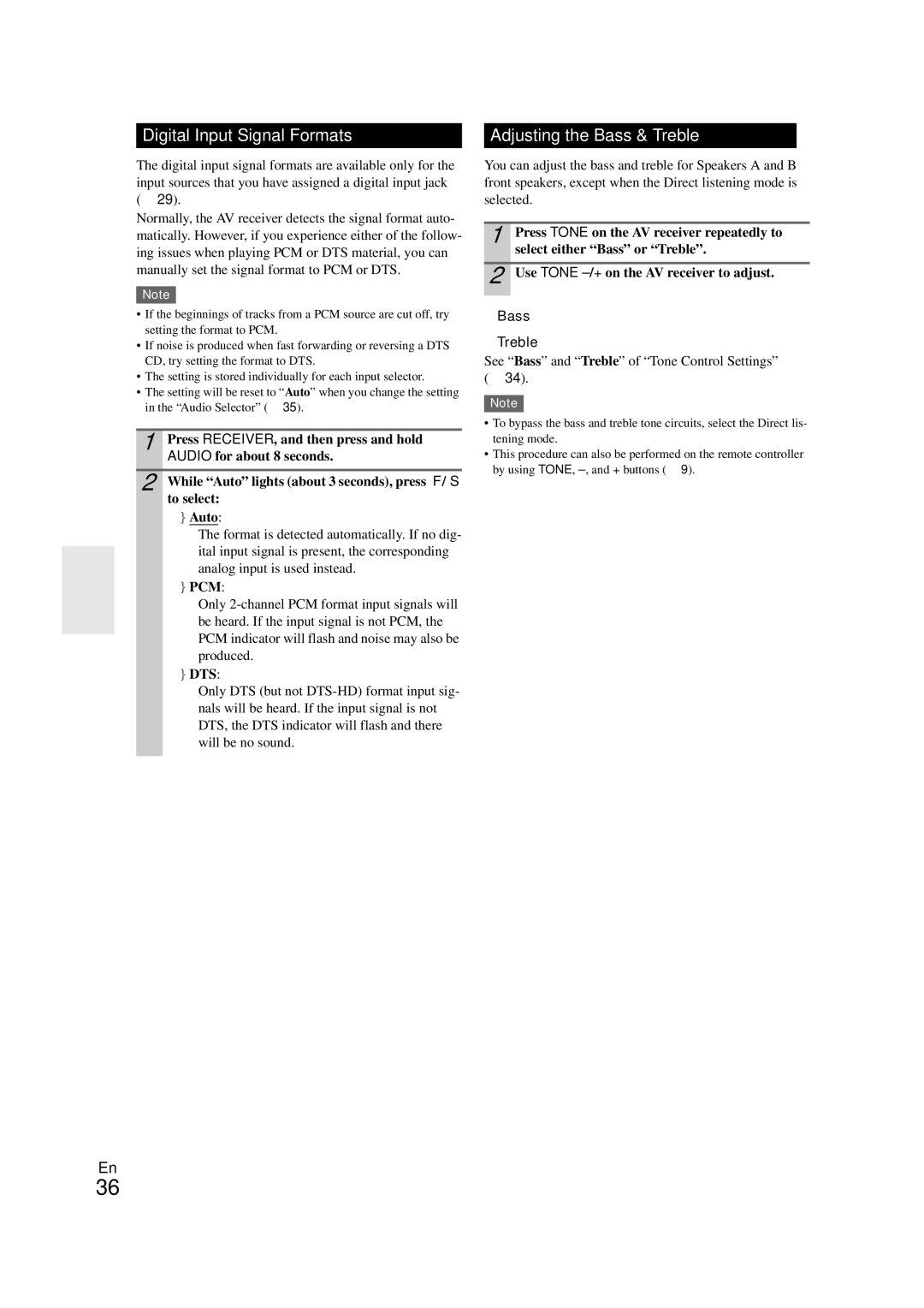 Onkyo SR308 instruction manual Digital Input Signal Formats, Adjusting the Bass & Treble, Bass Treble 