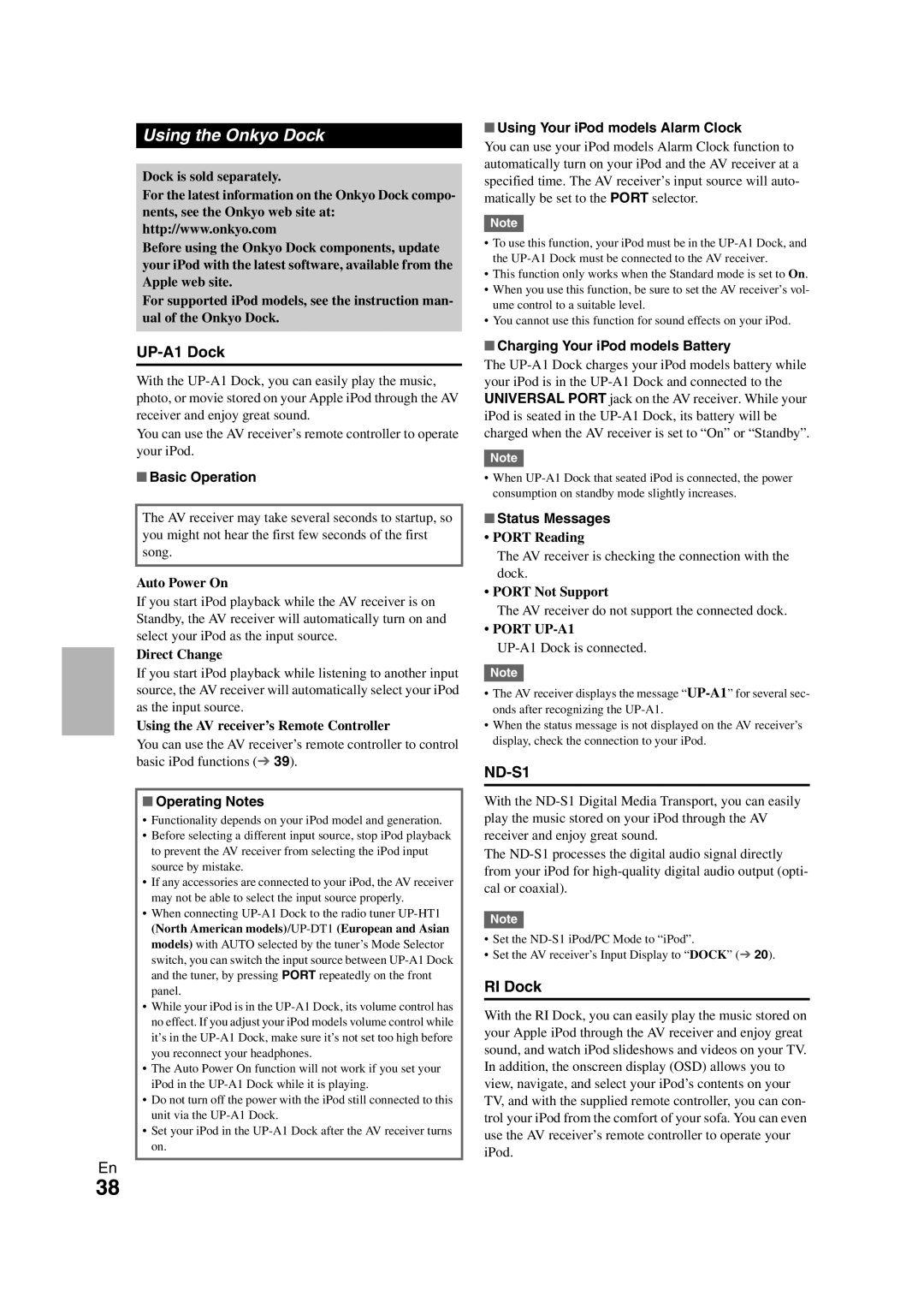 Onkyo SR308 instruction manual Using the Onkyo Dock, UP-A1 Dock, RI Dock 