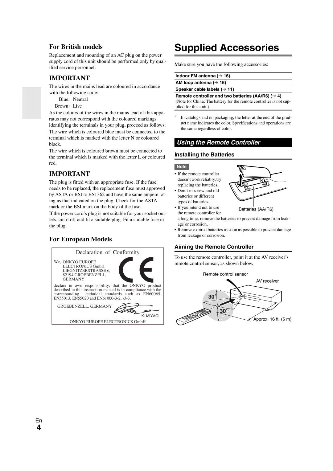 Onkyo SR308 Supplied Accessories, Using the Remote Controller, Installing the Batteries, Aiming the Remote Controller 