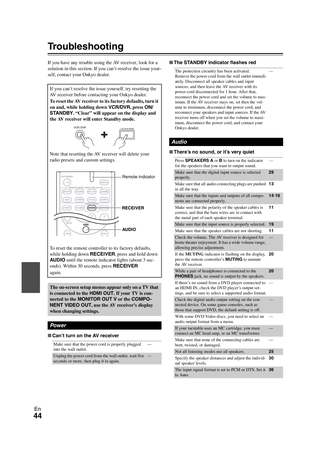 Onkyo SR308 instruction manual Troubleshooting, Can’t turn on the AV receiver, Standby indicator flashes red 