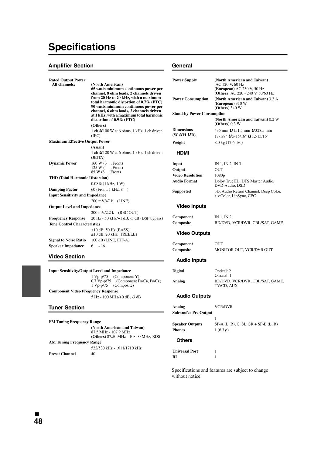 Onkyo SR308 instruction manual Specifications, Amplifier Section, General, Video Section, Tuner Section 