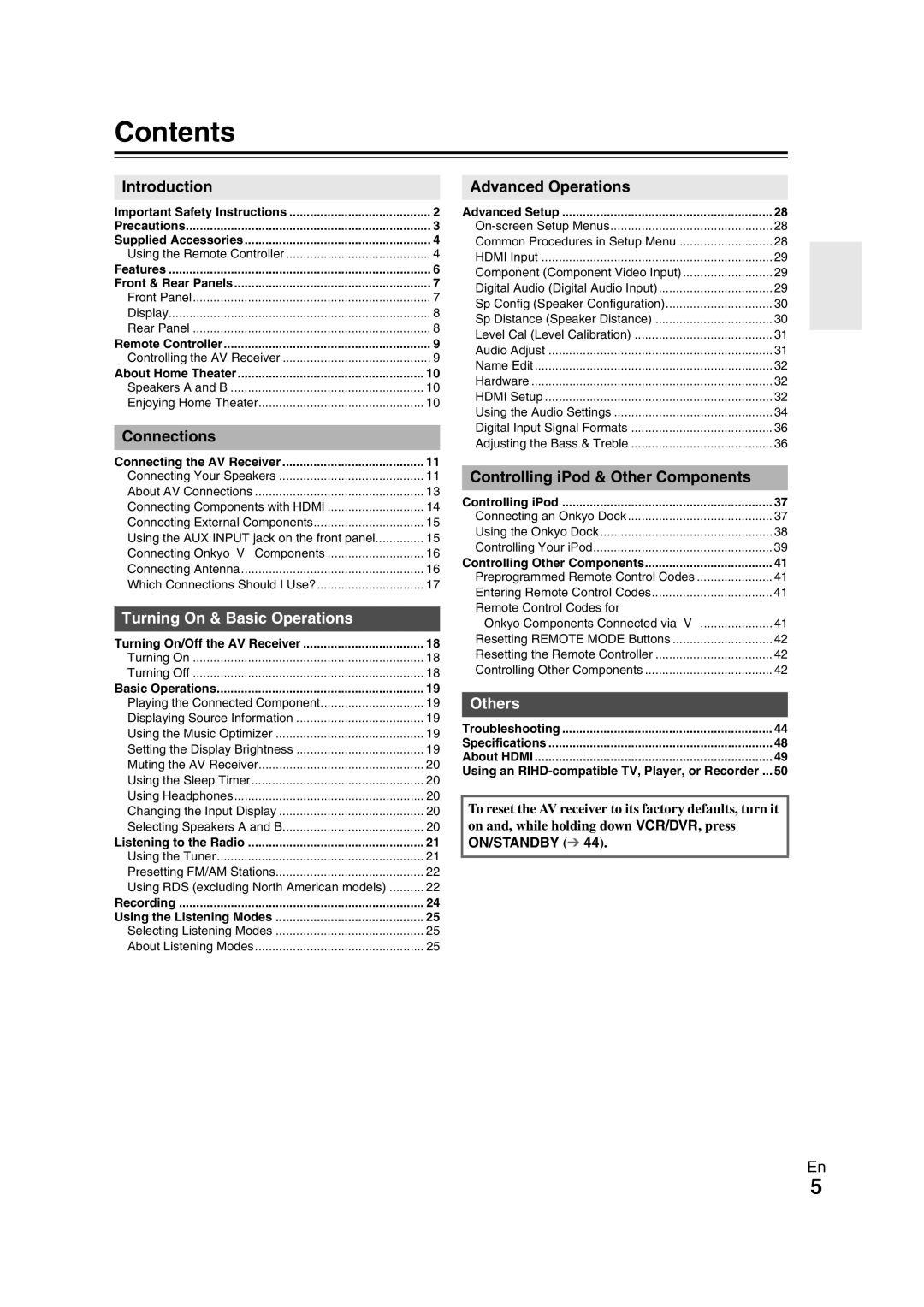 Onkyo SR308 instruction manual Contents 