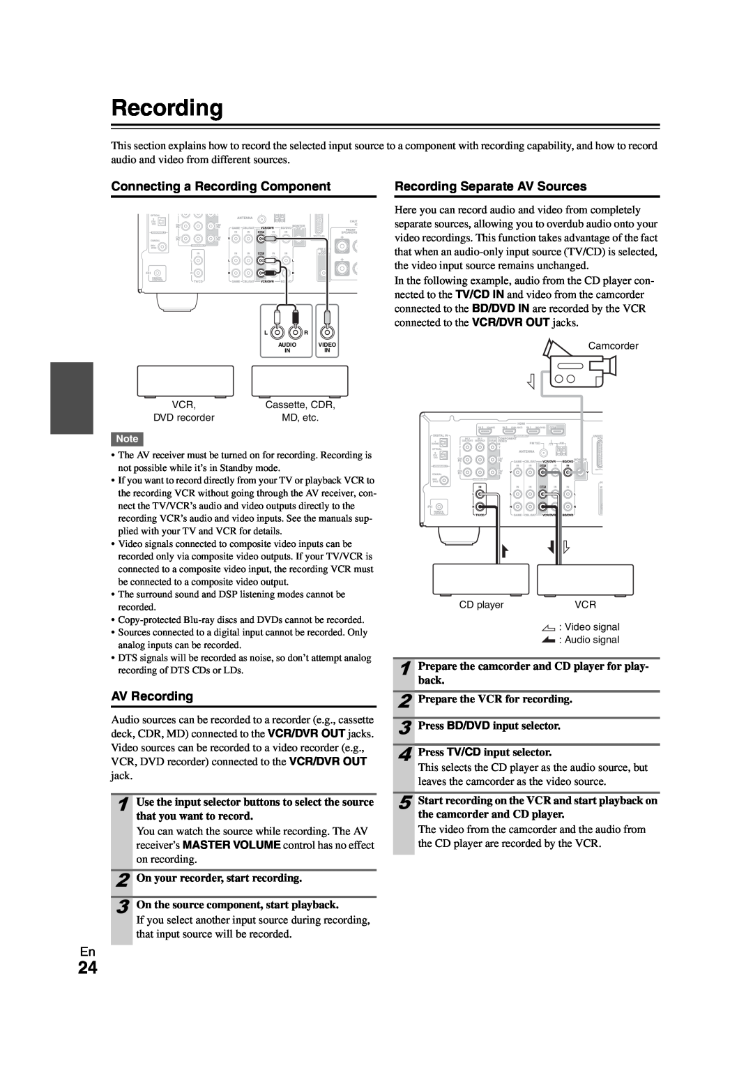 Onkyo SR308 instruction manual Connecting a Recording Component, AV Recording, Recording Separate AV Sources 
