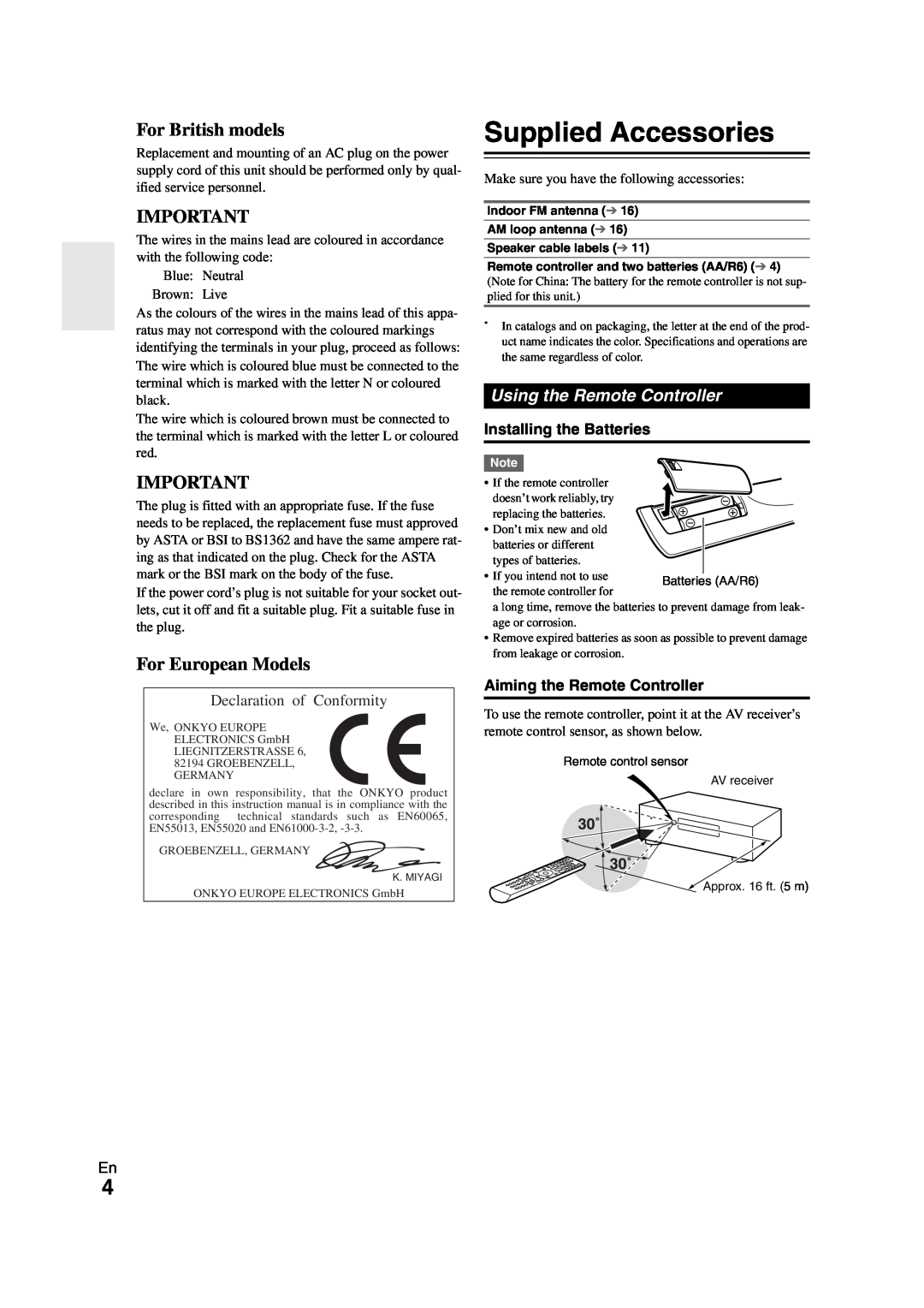 Onkyo SR308 instruction manual Supplied Accessories, For British models, For European Models, Using the Remote Controller 