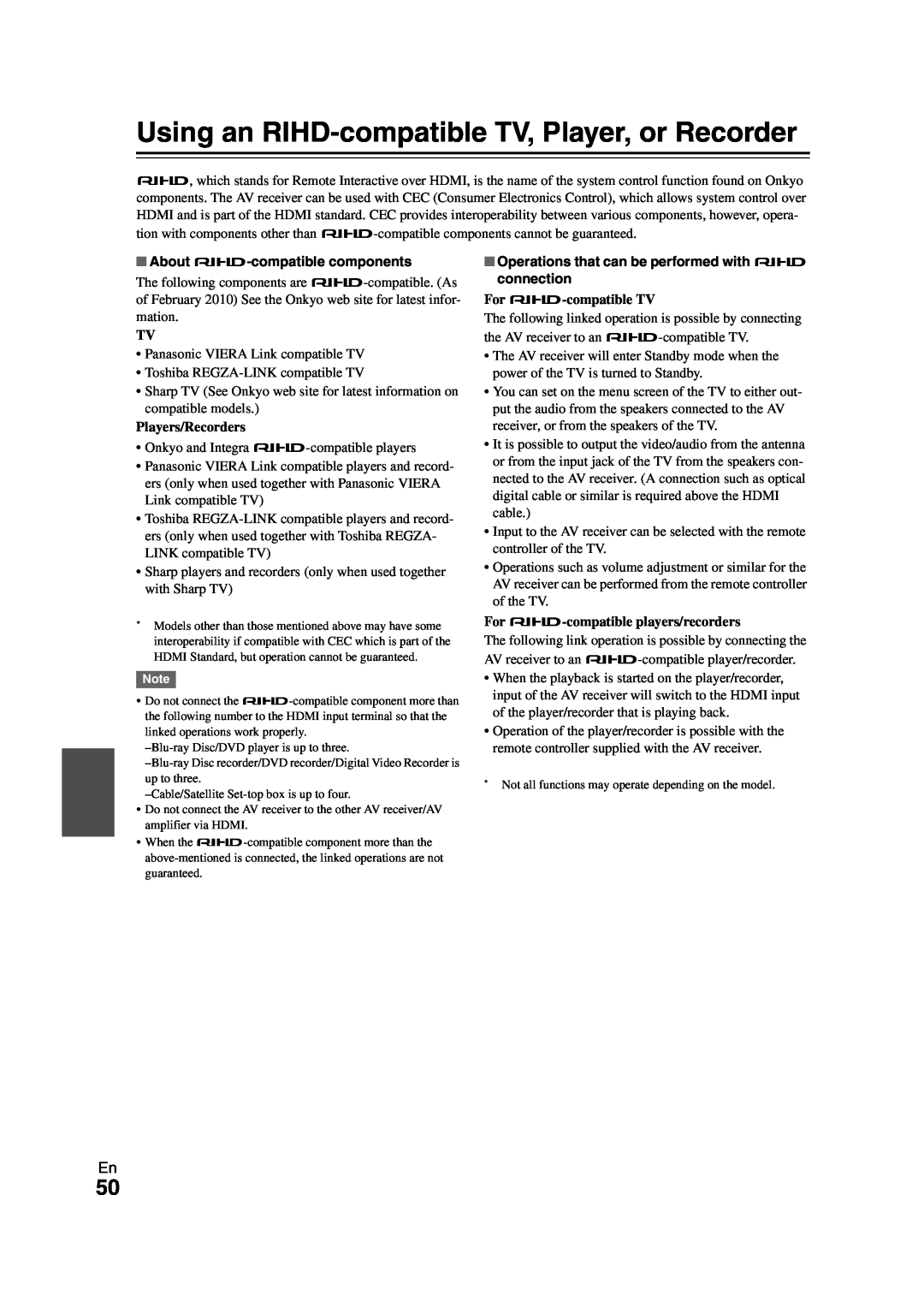 Onkyo SR308 instruction manual Using an RIHD-compatibleTV, Player, or Recorder, About p-compatiblecomponents 
