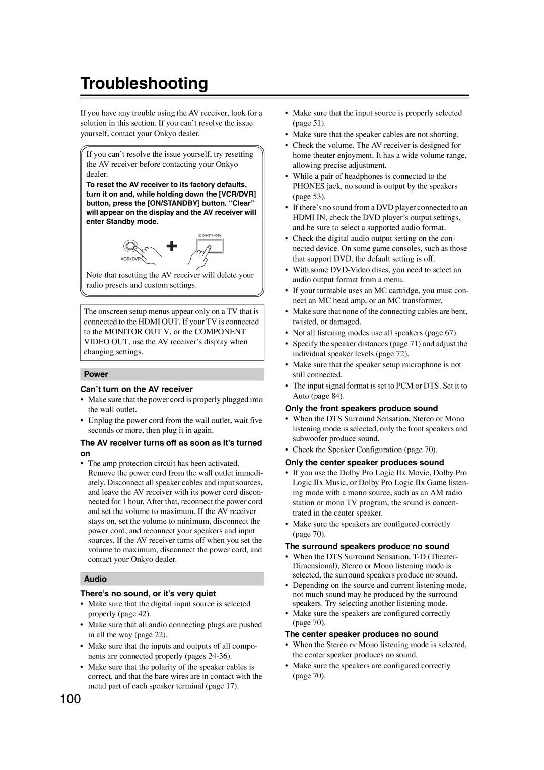 Onkyo SR607 instruction manual Troubleshooting 