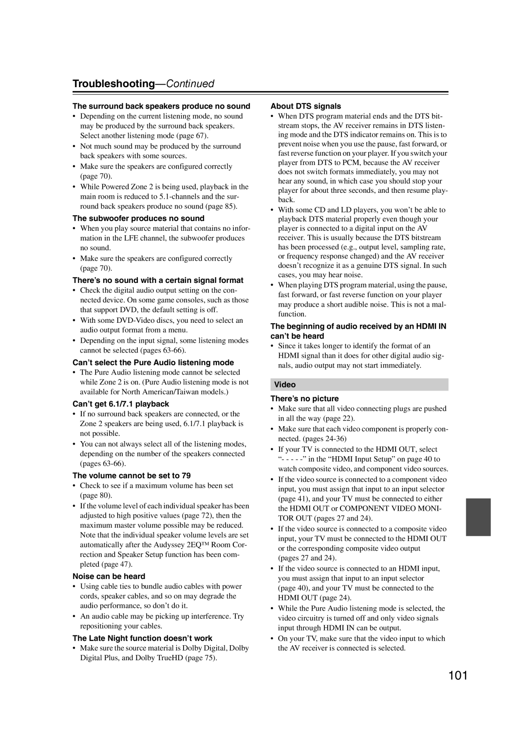 Onkyo SR607 instruction manual Troubleshooting 