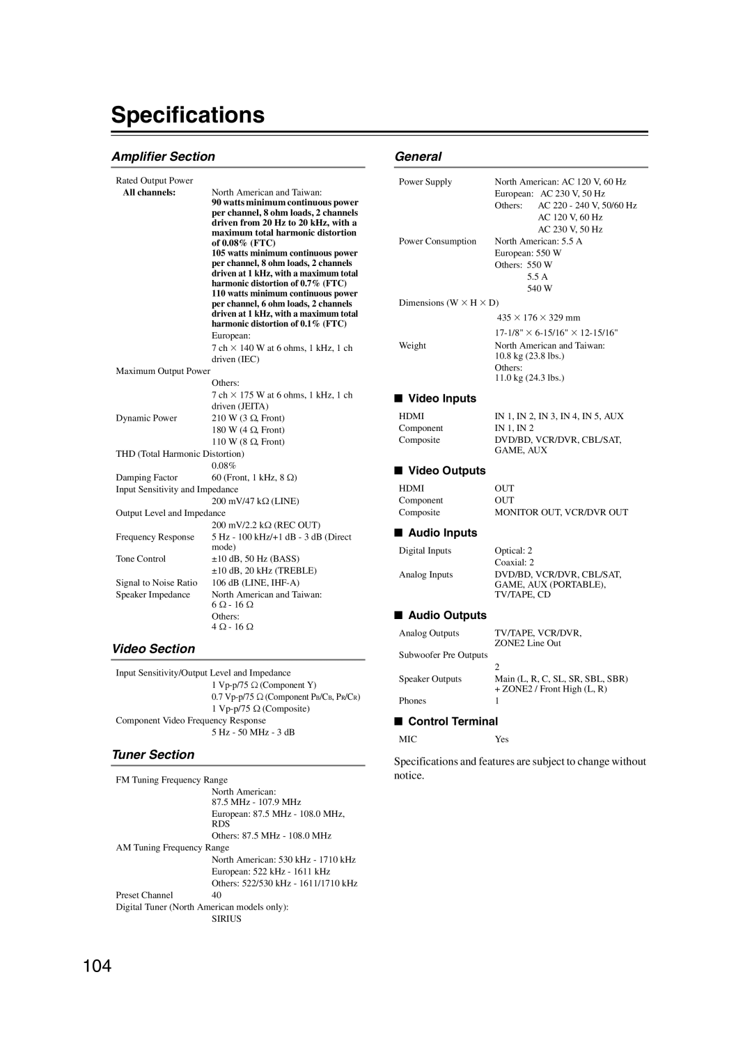 Onkyo SR607 instruction manual Specifications, Amplifier Section, Video Section, Tuner Section, General 