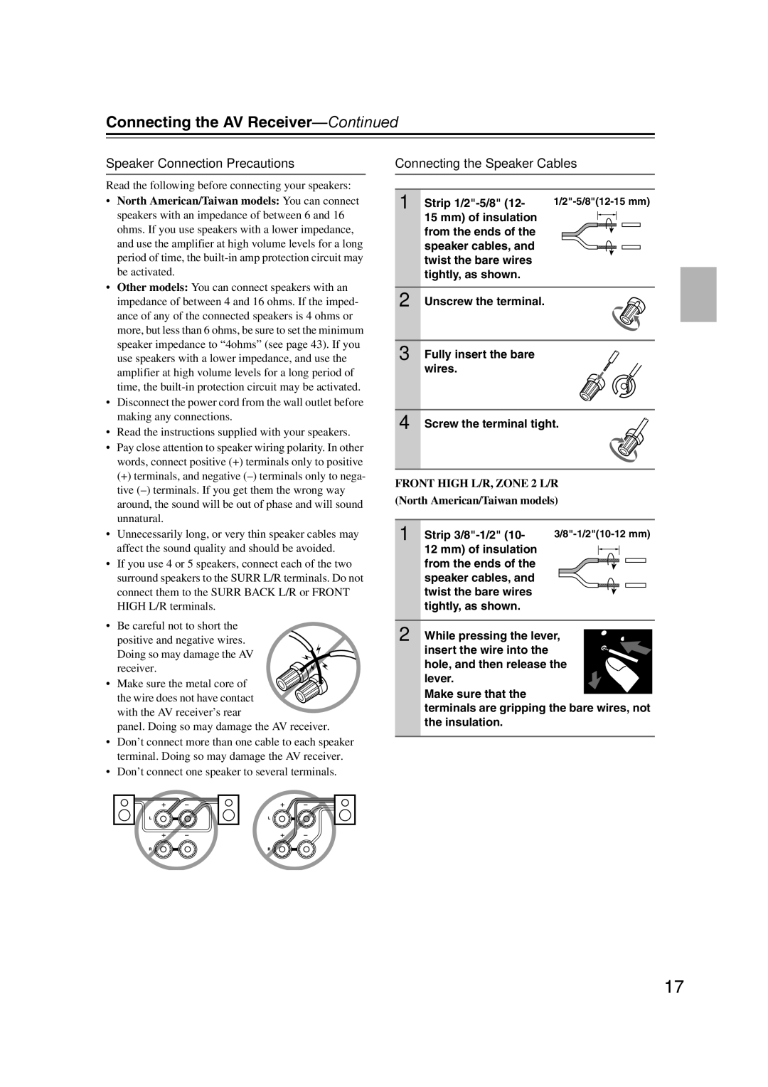 Onkyo SR607 Connecting the AV Receiver, Speaker Connection Precautions, Connecting the Speaker Cables, Strip 1/2-5/8 