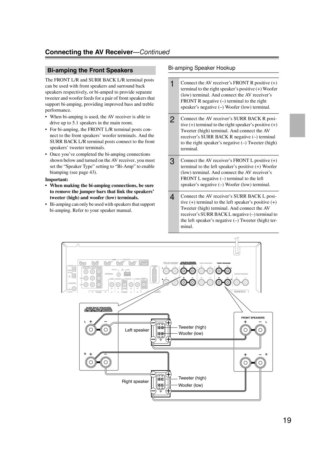 Onkyo SR607 instruction manual Bi-amping the Front Speakers, Bi-amping Speaker Hookup 