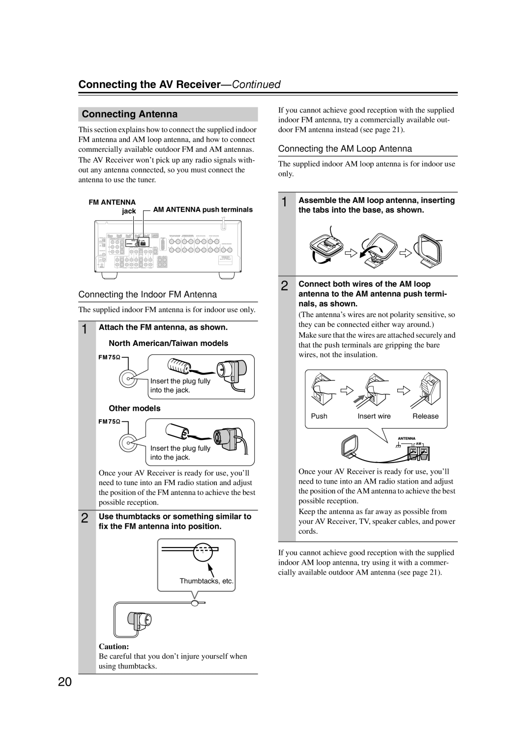 Onkyo SR607 instruction manual Connecting Antenna, Connecting the AM Loop Antenna, Connecting the Indoor FM Antenna, Jack 