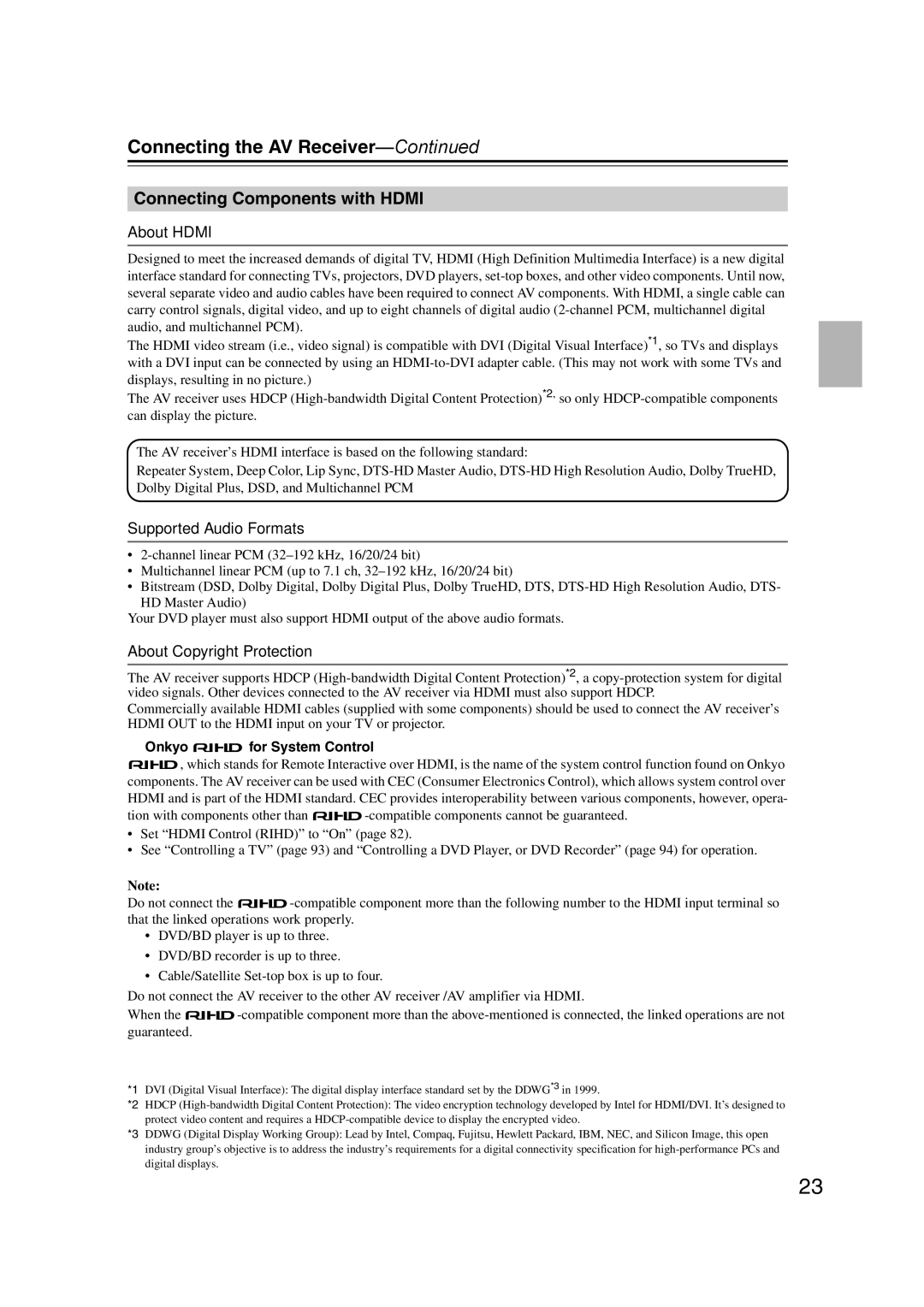 Onkyo SR607 Connecting Components with Hdmi, About Hdmi, Supported Audio Formats, About Copyright Protection 