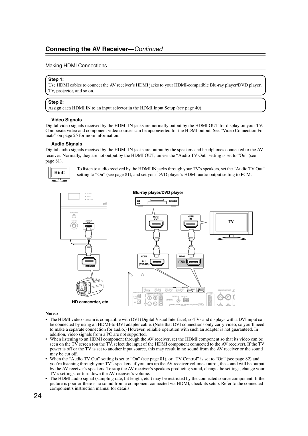 Onkyo SR607 instruction manual Making Hdmi Connections, Step, Video Signals, Audio Signals, Hint 