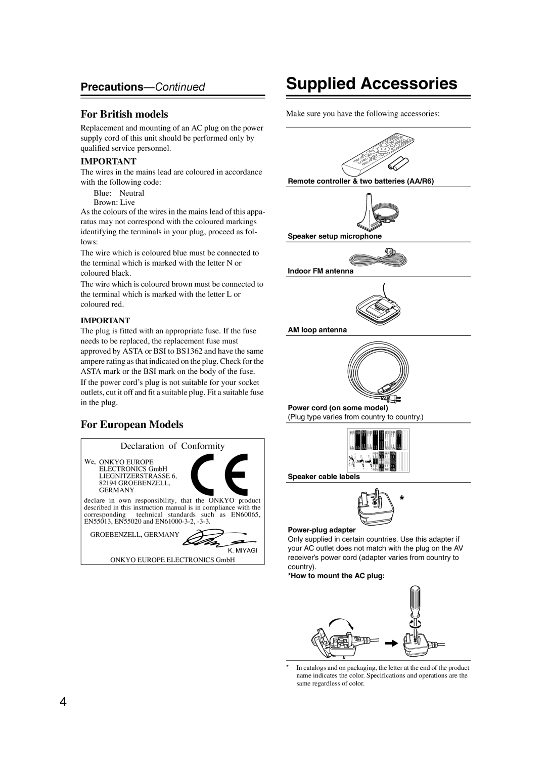 Onkyo SR607 Supplied Accessories, Precautions, Speaker cable labels Power-plug adapter, How to mount the AC plug 