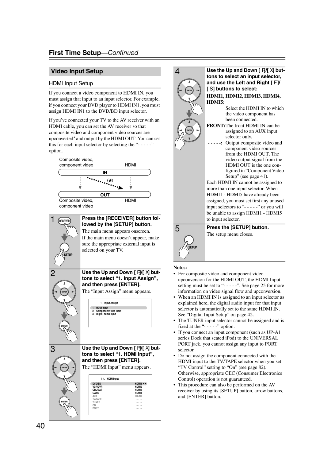 Onkyo SR607 instruction manual First Time Setup, Video Input Setup, Hdmi Input Setup 