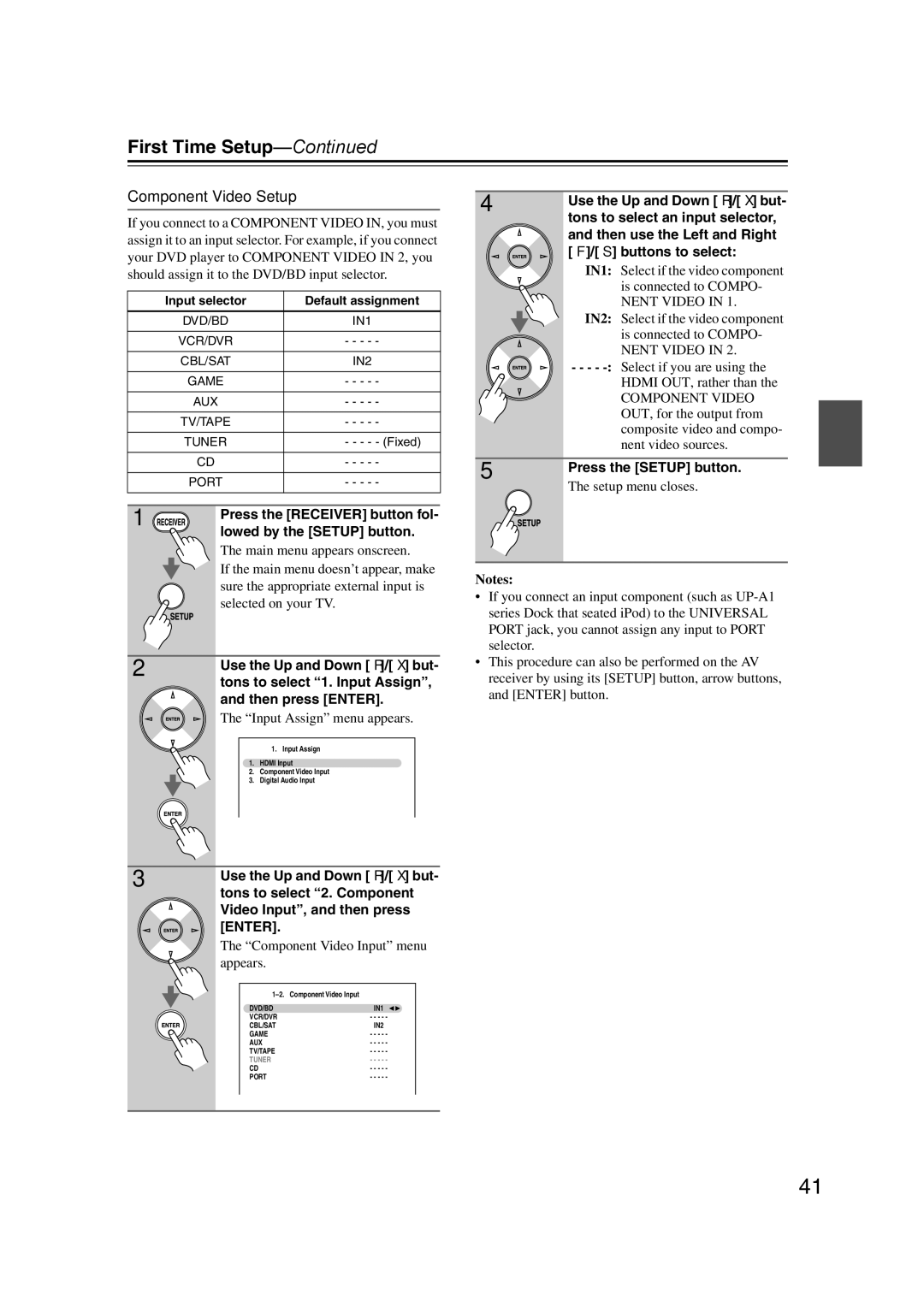 Onkyo SR607 instruction manual Component Video Setup, Tons to select 2. Component, Video Input, and then press 