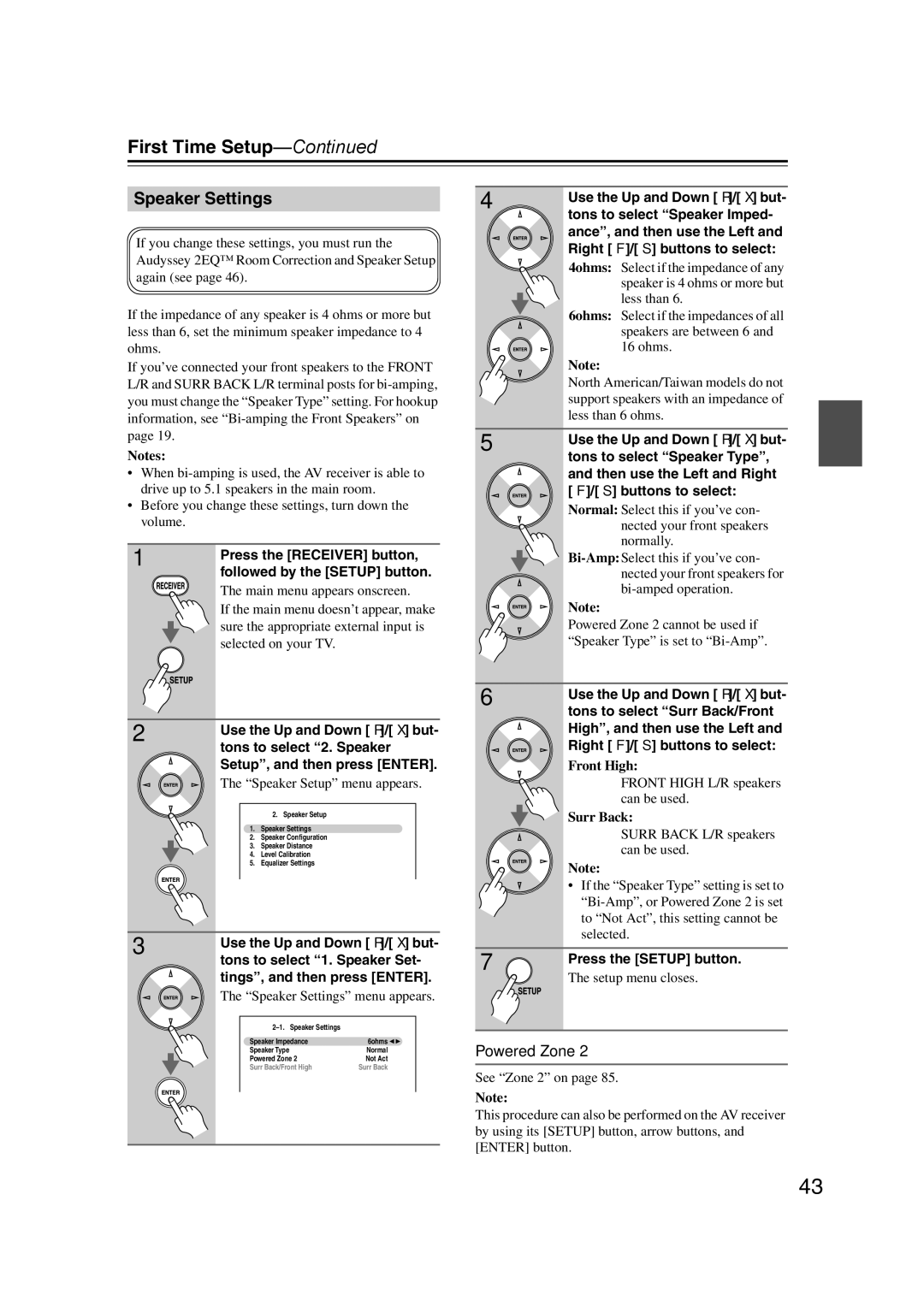 Onkyo SR607 instruction manual Speaker Settings, Powered Zone 