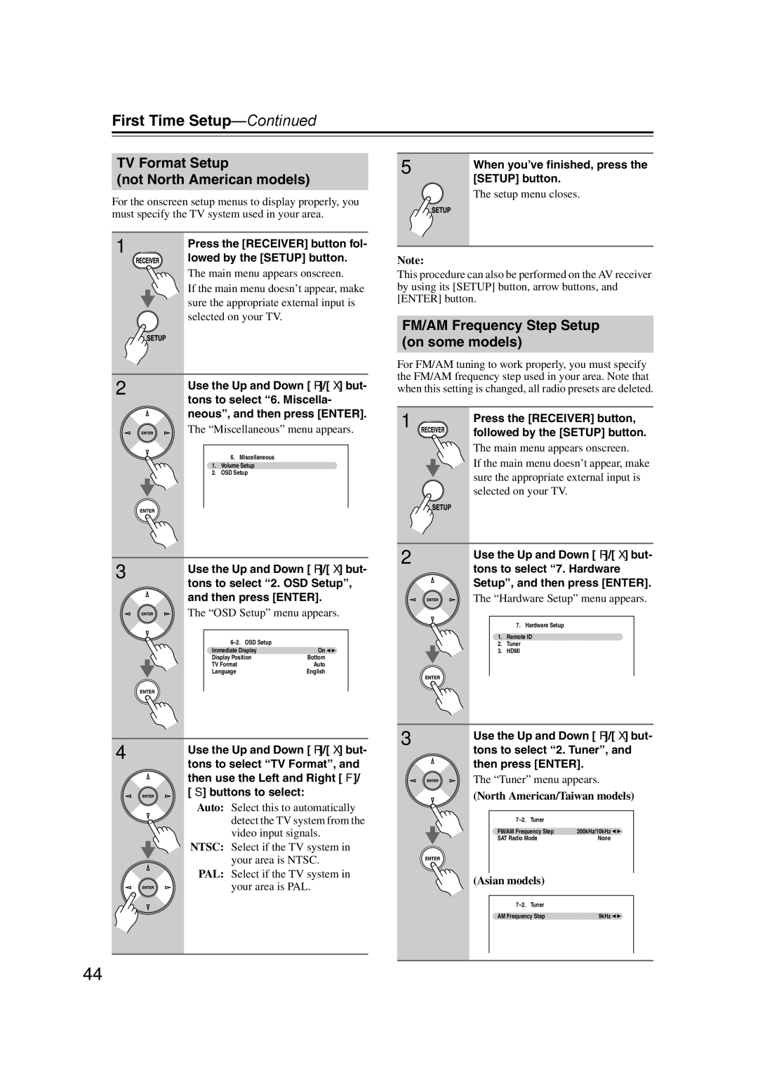 Onkyo SR607 instruction manual TV Format Setup Not North American models, FM/AM Frequency Step Setup on some models 