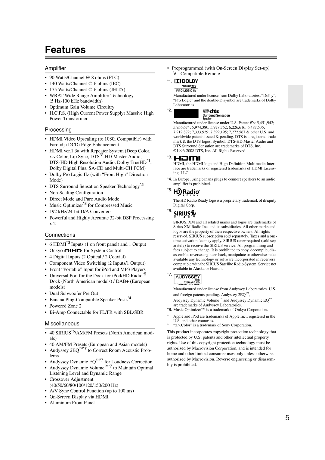 Onkyo SR607 instruction manual Features, Amplifier, Processing, Connections, Miscellaneous 