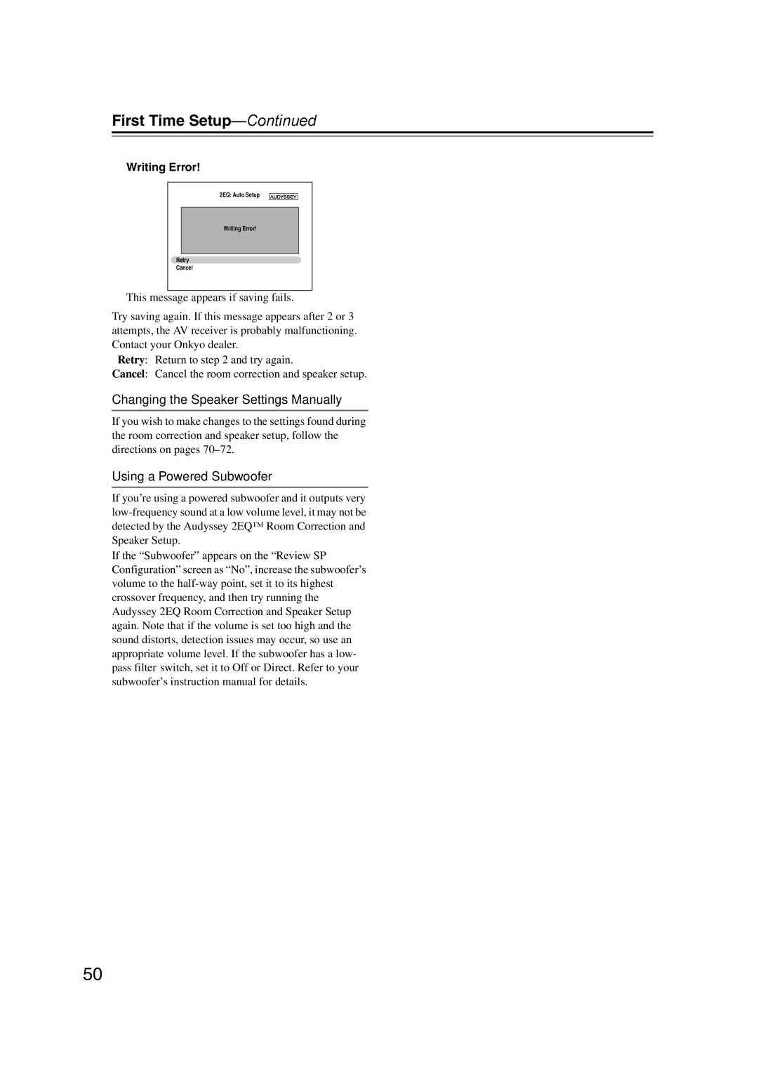 Onkyo SR607 instruction manual Changing the Speaker Settings Manually, Using a Powered Subwoofer, Writing Error 